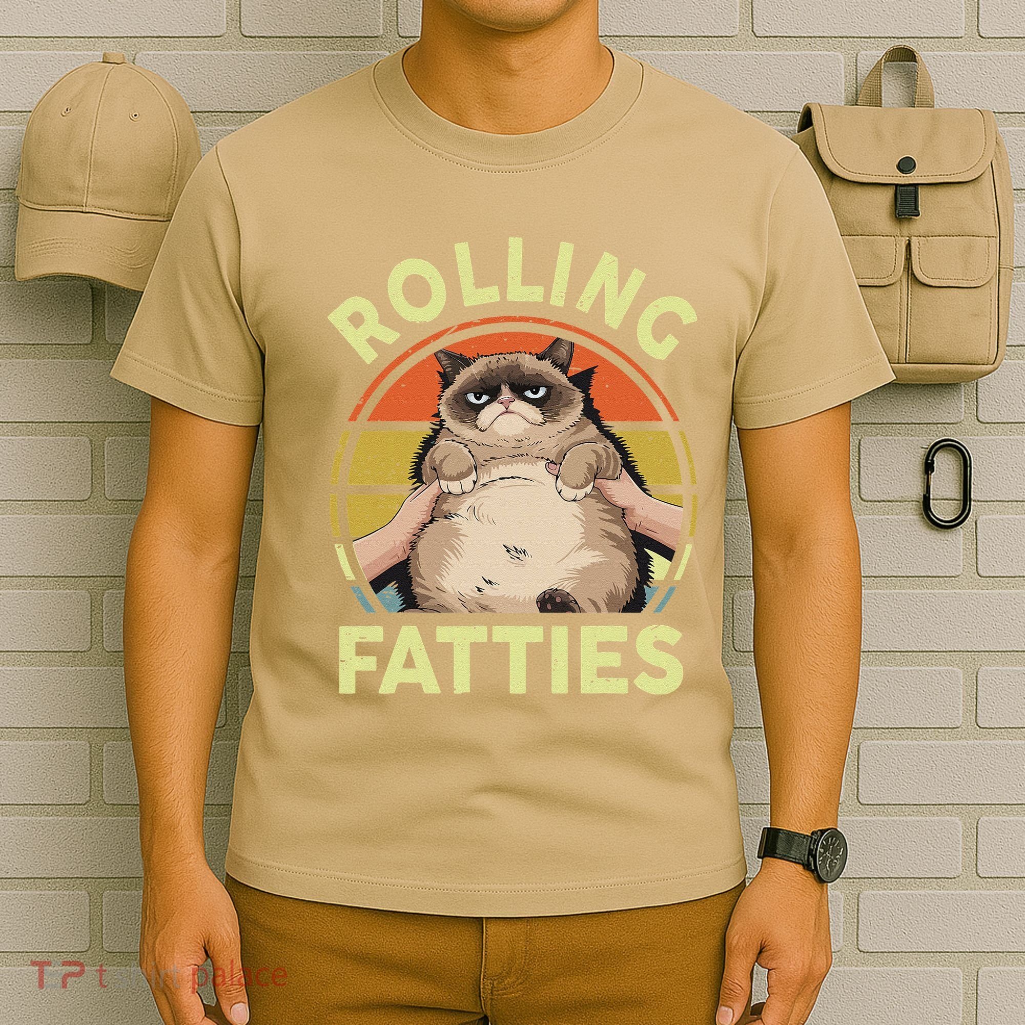 Funny Rolling Fatties Grumpy Kitten Cat Breed Mom Dad Retro T-Shirt