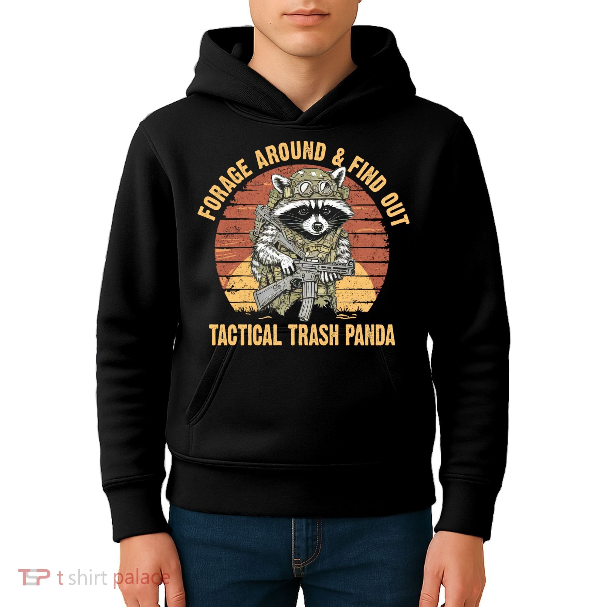 Funny Raccoon Forage Around & Find Out Tactical Trash Panda Kids Hoodie