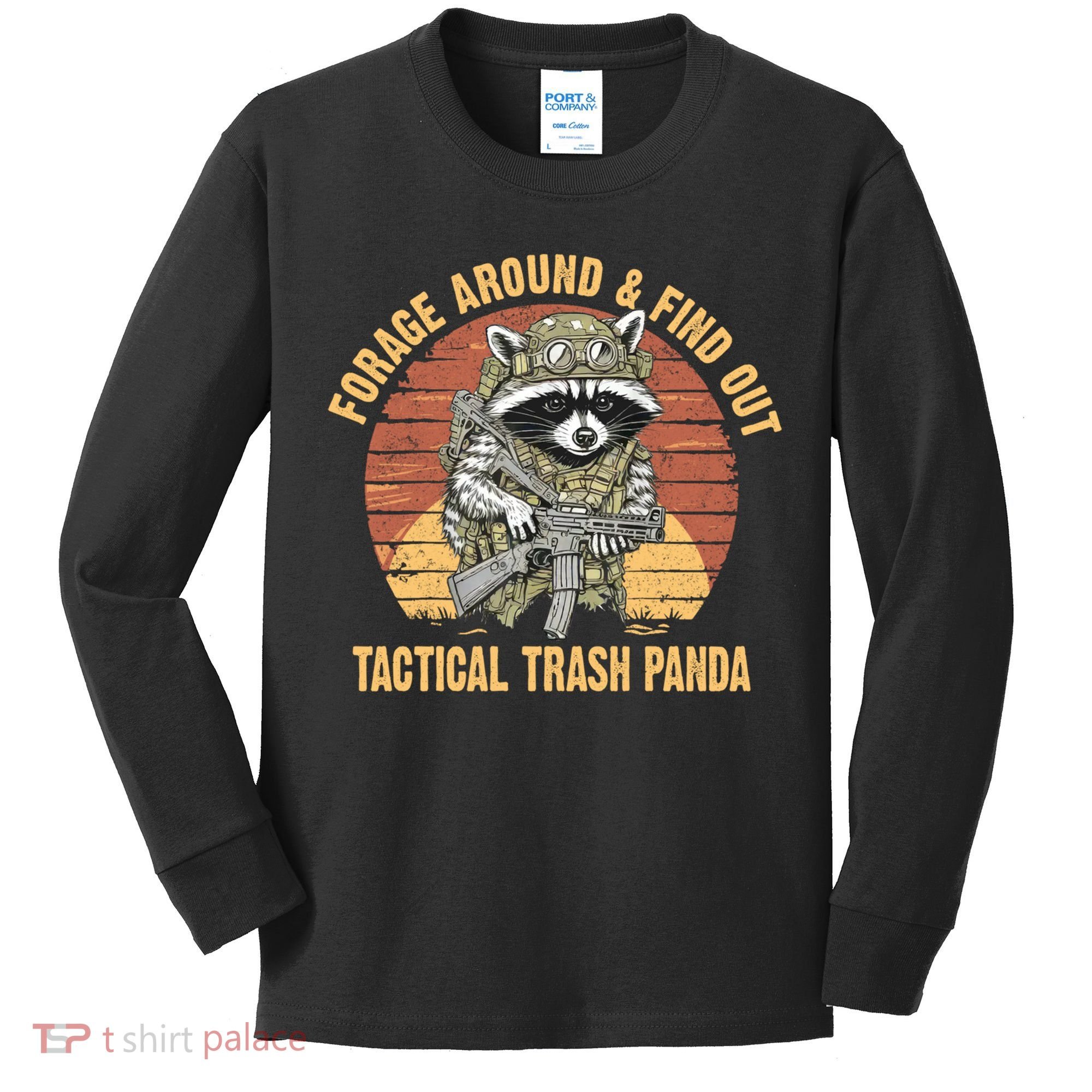 Funny Raccoon Forage Around & Find Out Tactical Trash Panda Kids Long Sleeve Shirt