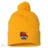 Firefighter Raccoon Fire Department Fireman Trash Panda Pom Pom 12in Knit Beanie thumb 0