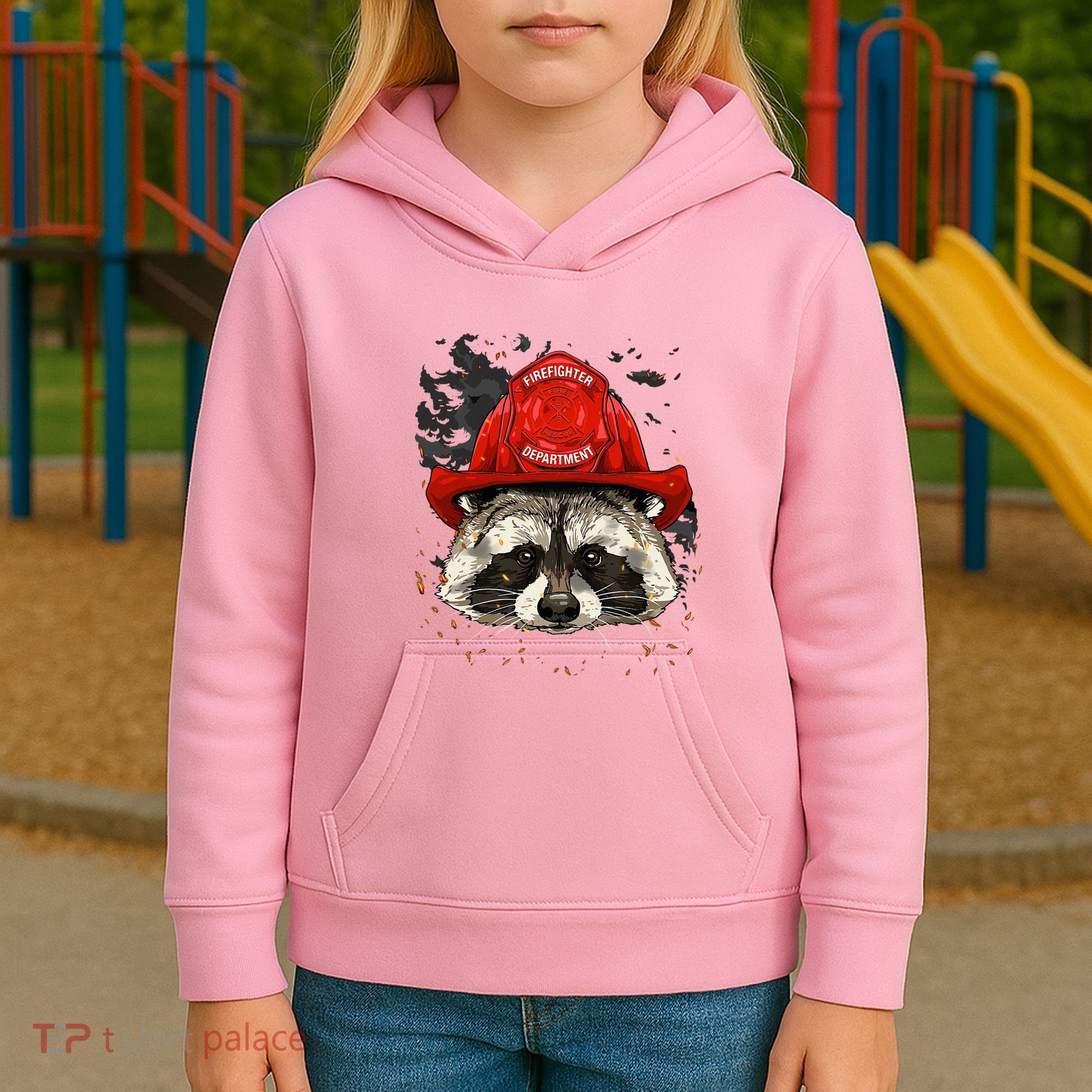 Firefighter Raccoon Fire Department Fireman Trash Panda Kids Hoodie