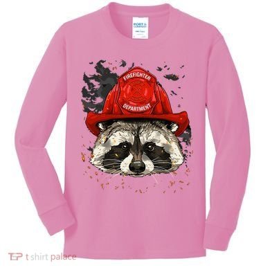 Firefighter Raccoon Fire Department Fireman Trash Panda Kids Long Sleeve Shirt