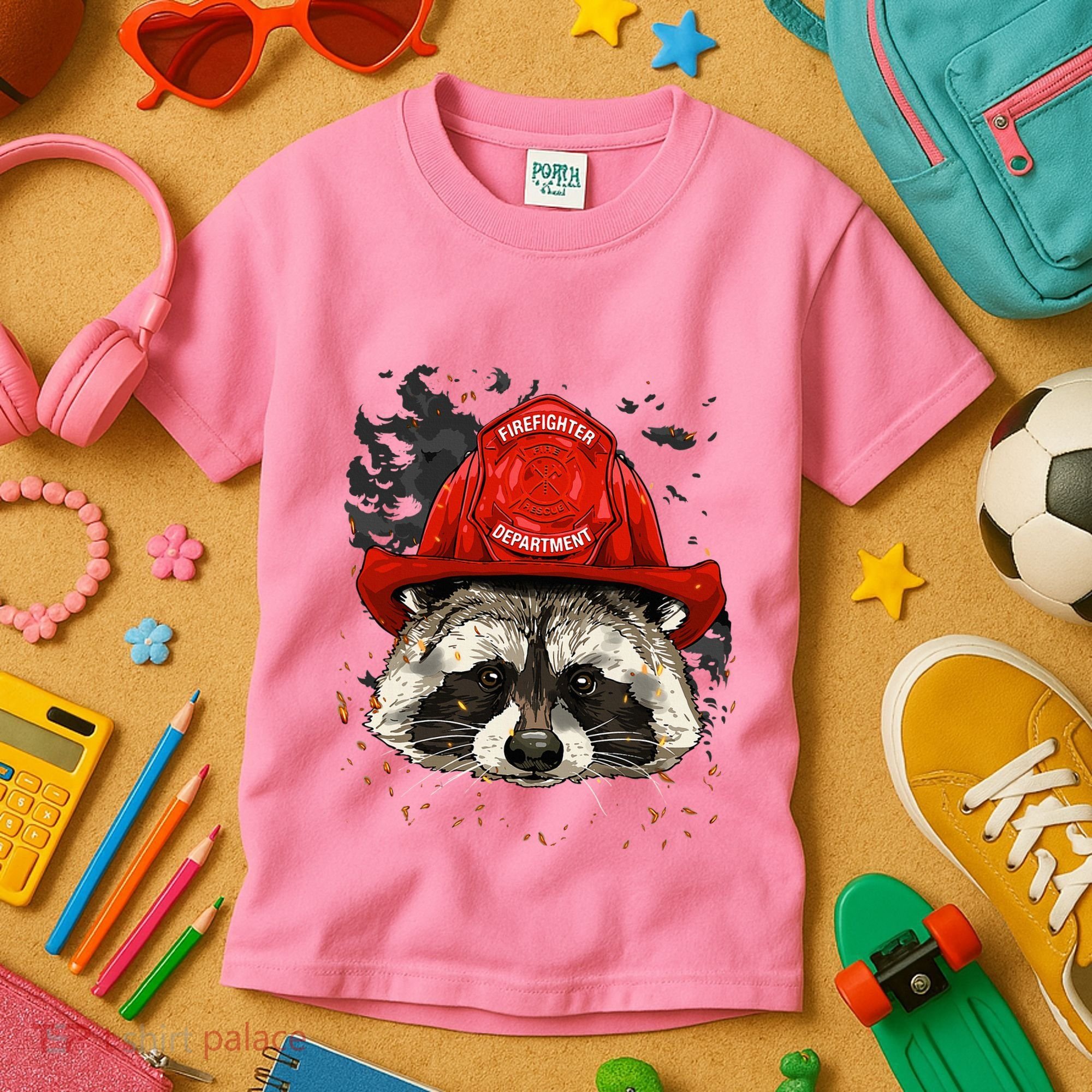 Firefighter Raccoon Fire Department Fireman Trash Panda Kids T-Shirt