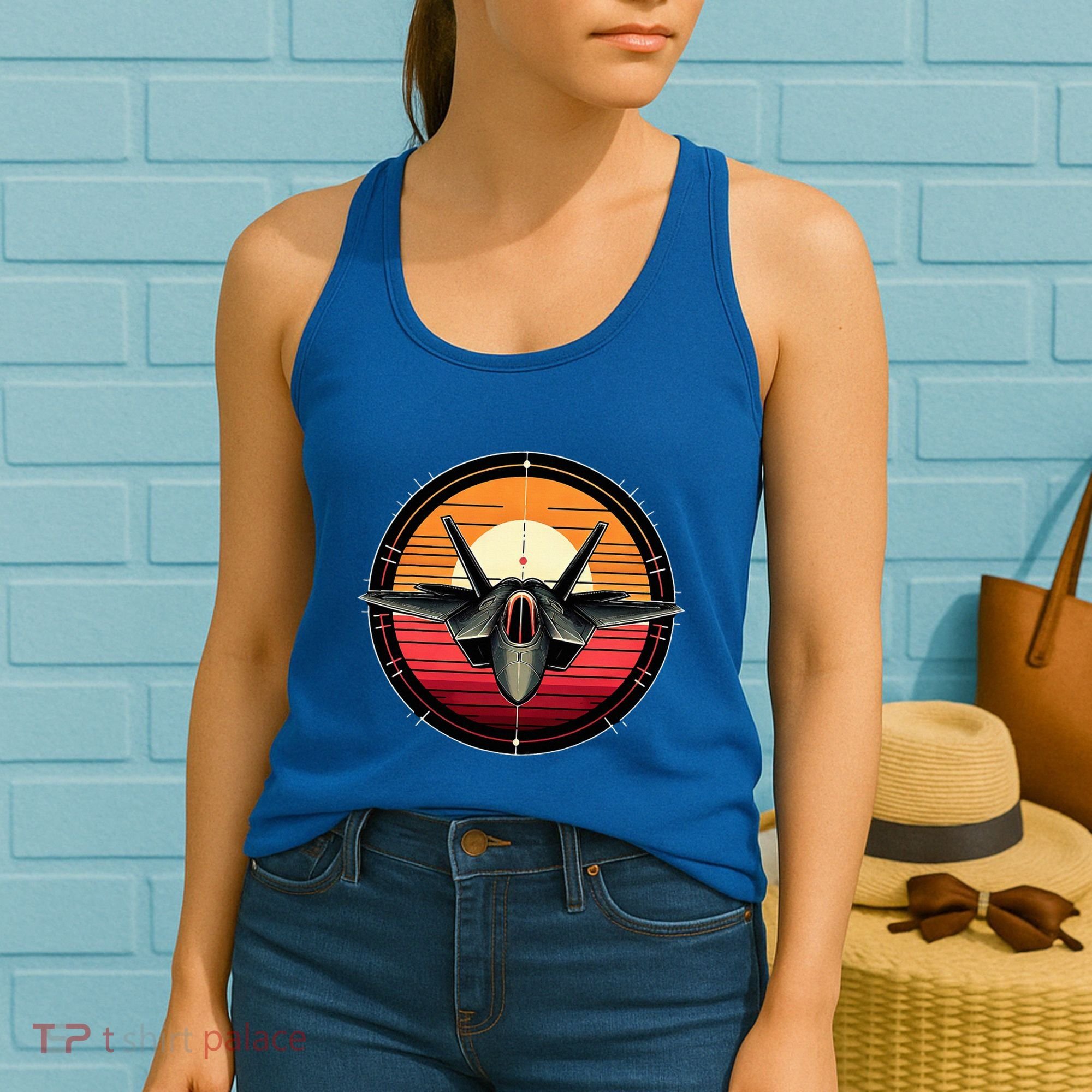F22 Raptor Fighter Jet Silhouette Sunset Military Aviation Women's Tank Top