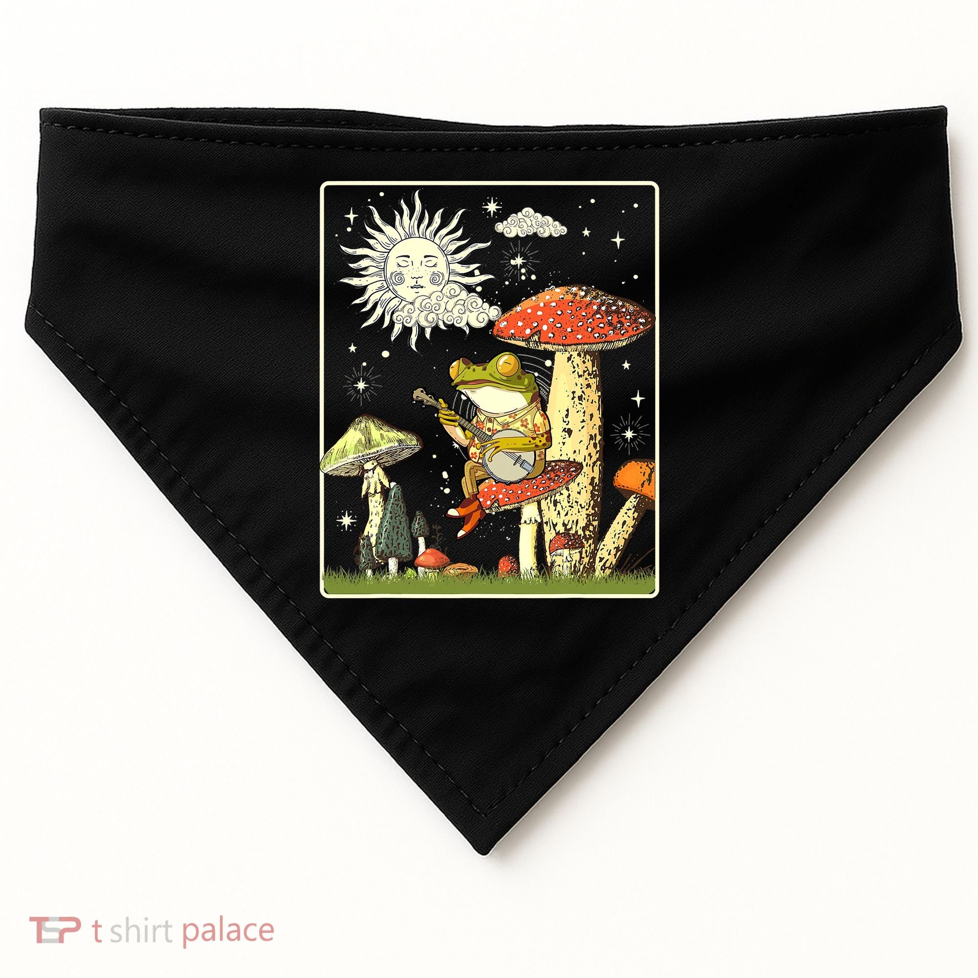Funny Retro Frog Playing Banjo On Mushroom USA-Made Doggie Bandana