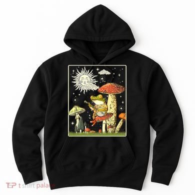 Funny Retro Frog Playing Banjo On Mushroom Hoodie