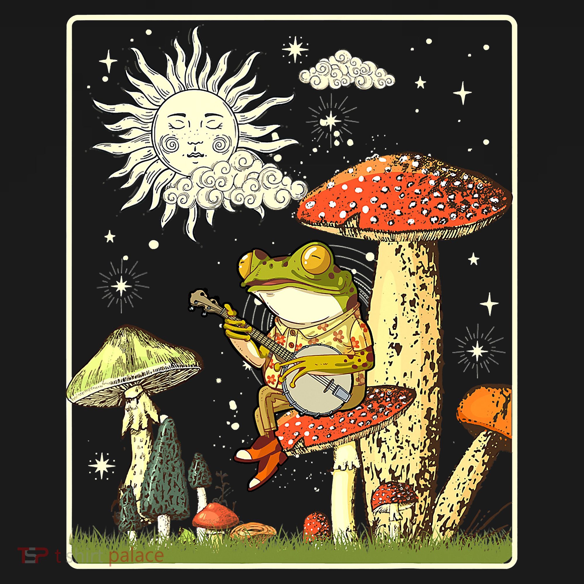 Funny Retro Frog Playing Banjo On Mushroom Hoodie