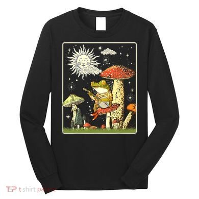 Funny Retro Frog Playing Banjo On Mushroom Long Sleeve Shirt