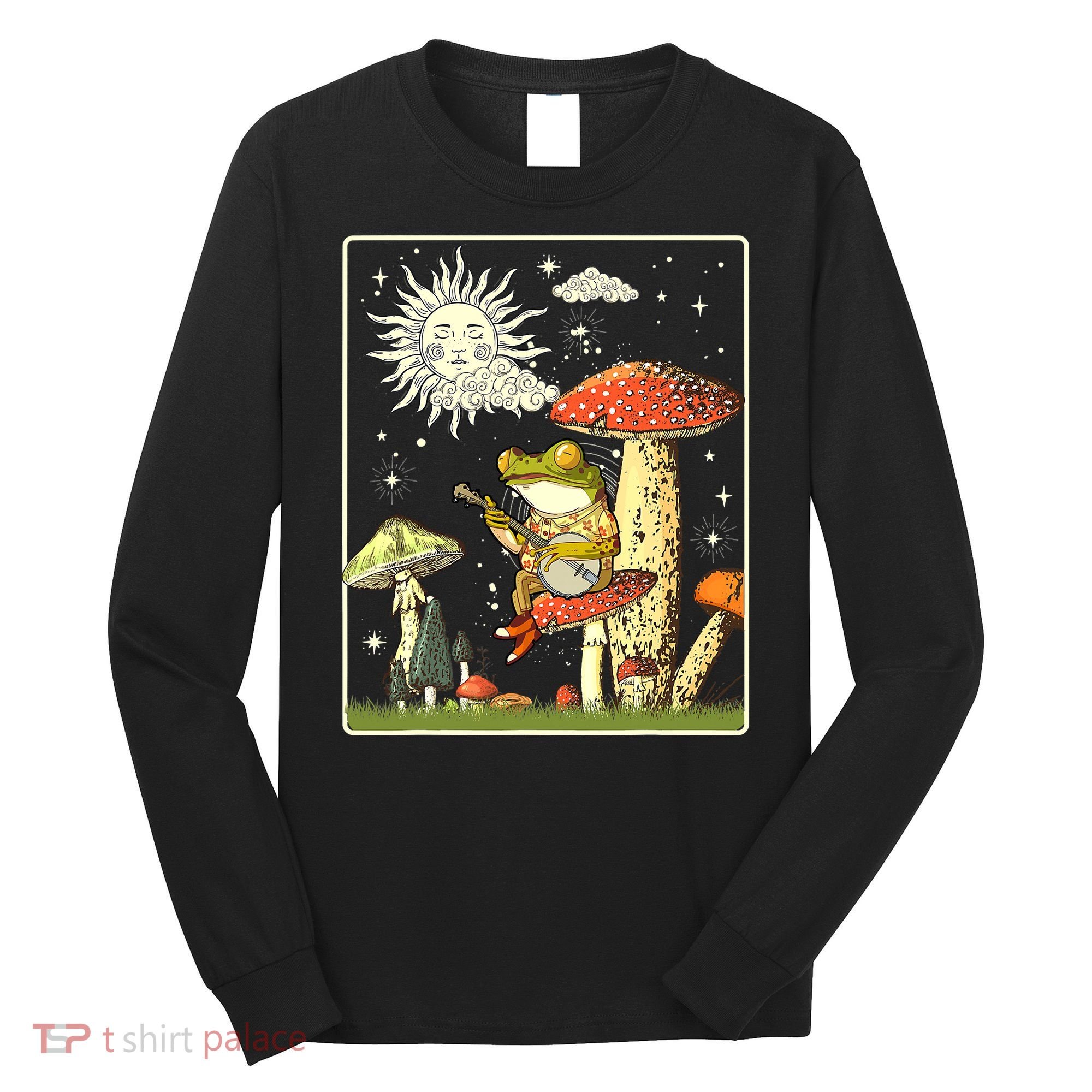 Funny Retro Frog Playing Banjo On Mushroom Long Sleeve Shirt