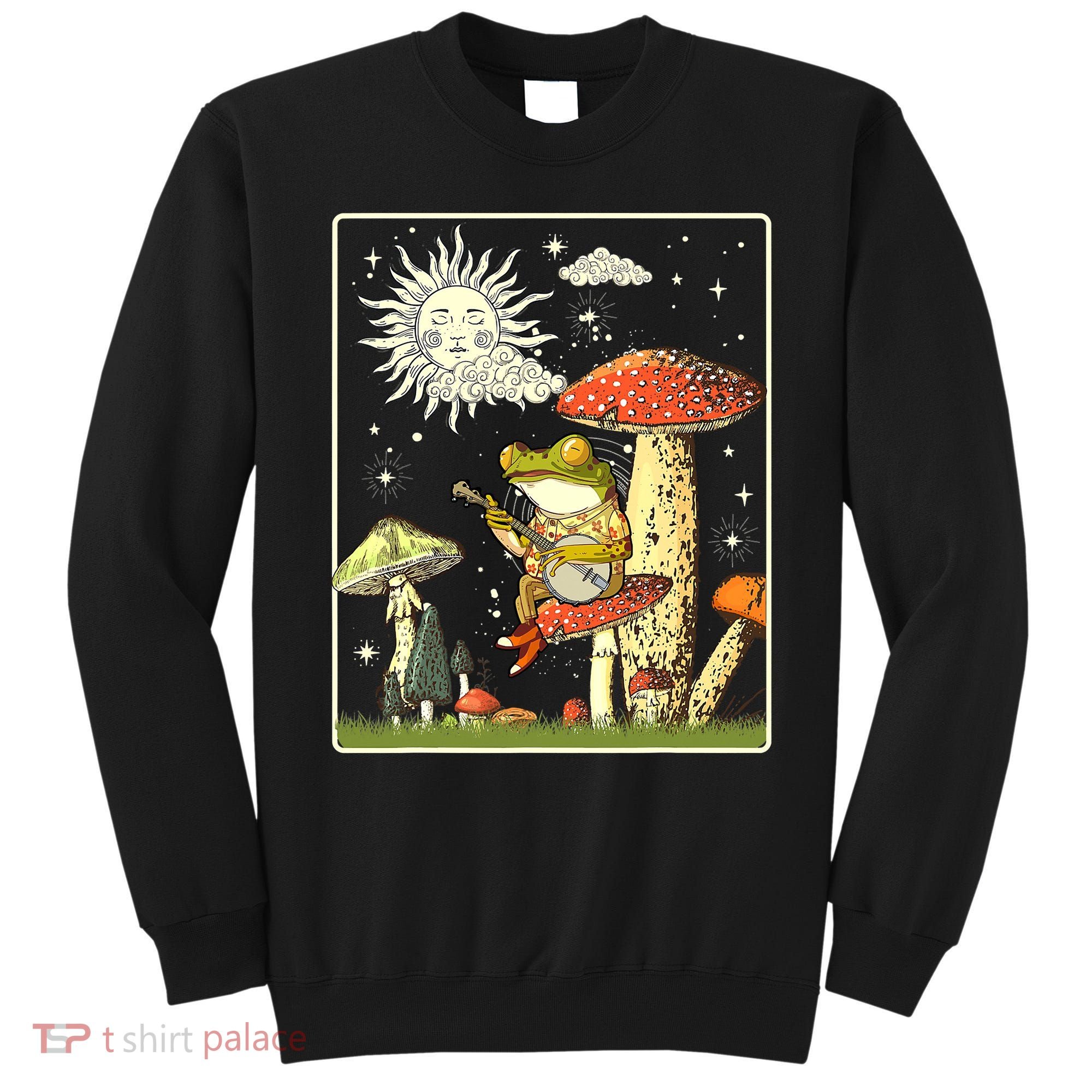 Funny Retro Frog Playing Banjo On Mushroom Sweatshirt