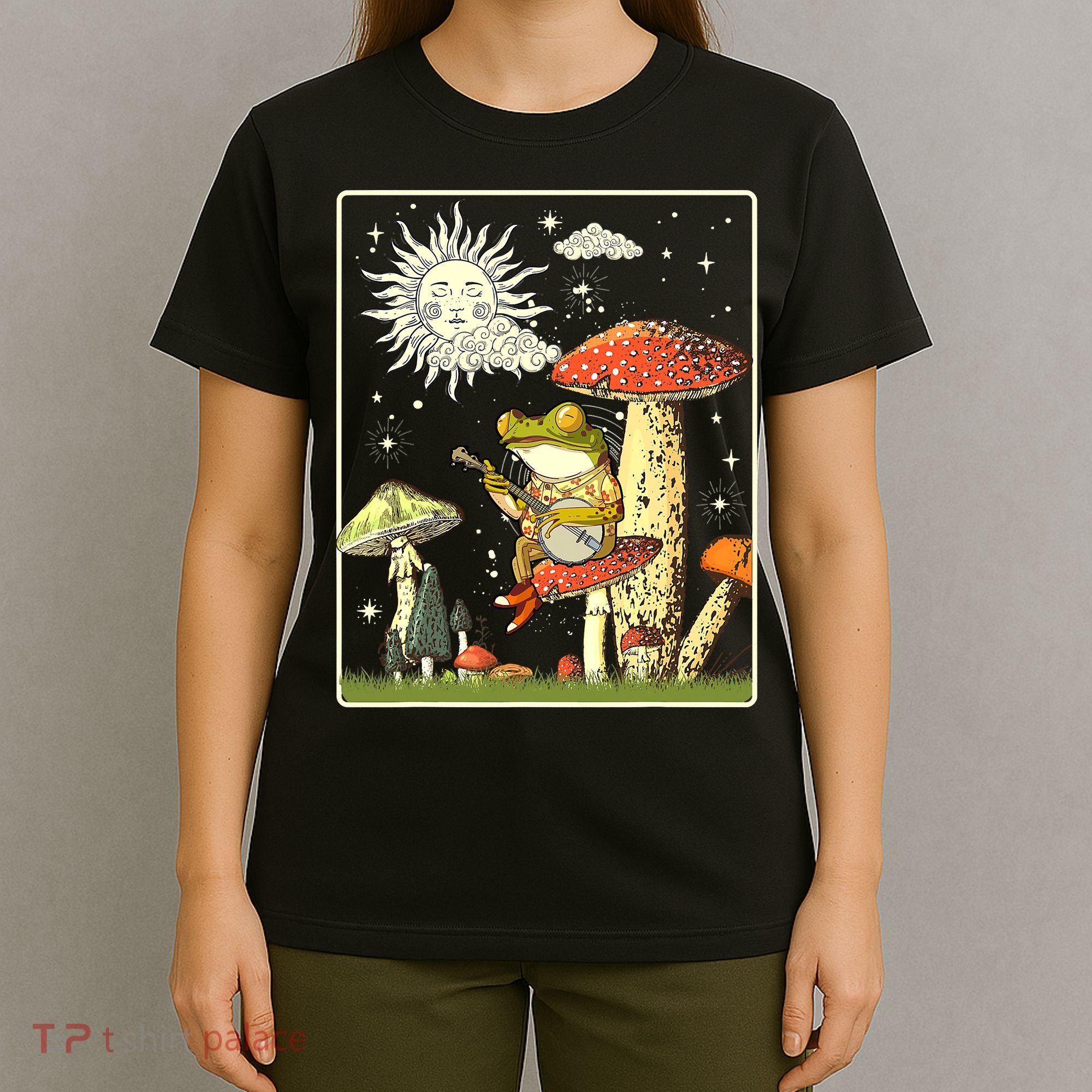 Funny Retro Frog Playing Banjo On Mushroom T-Shirt