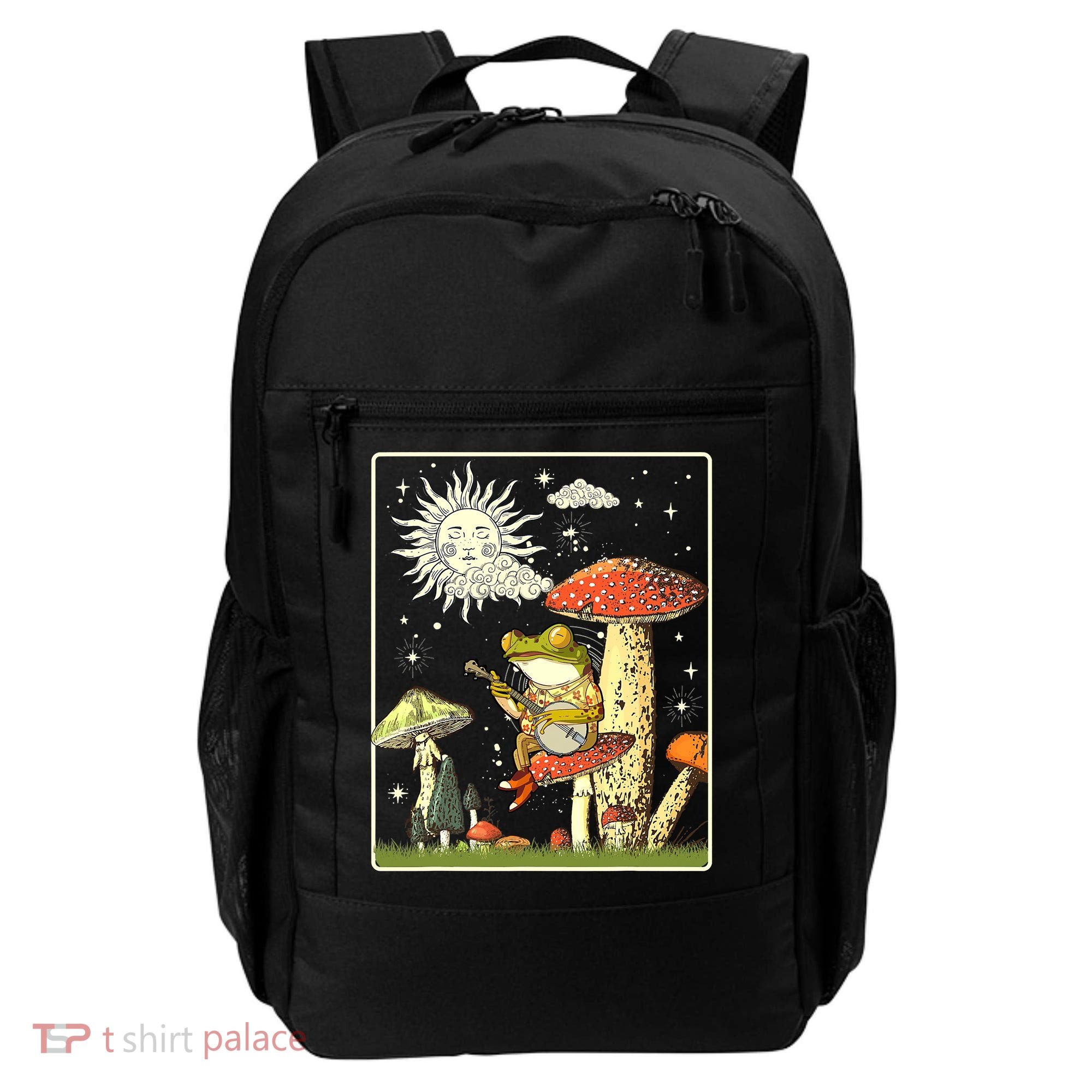 Funny Retro Frog Playing Banjo On Mushroom Backpack