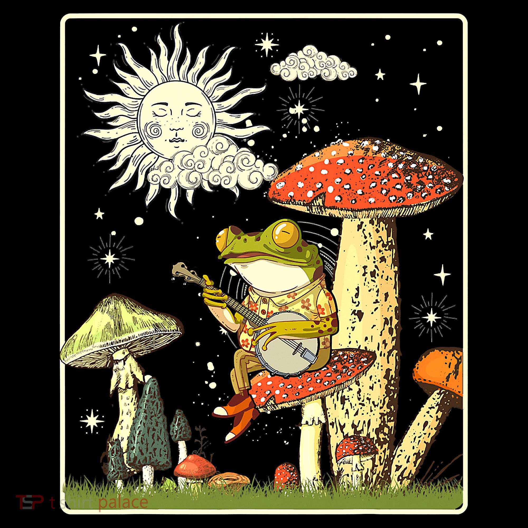 Funny Retro Frog Playing Banjo On Mushroom Women's Hoodie