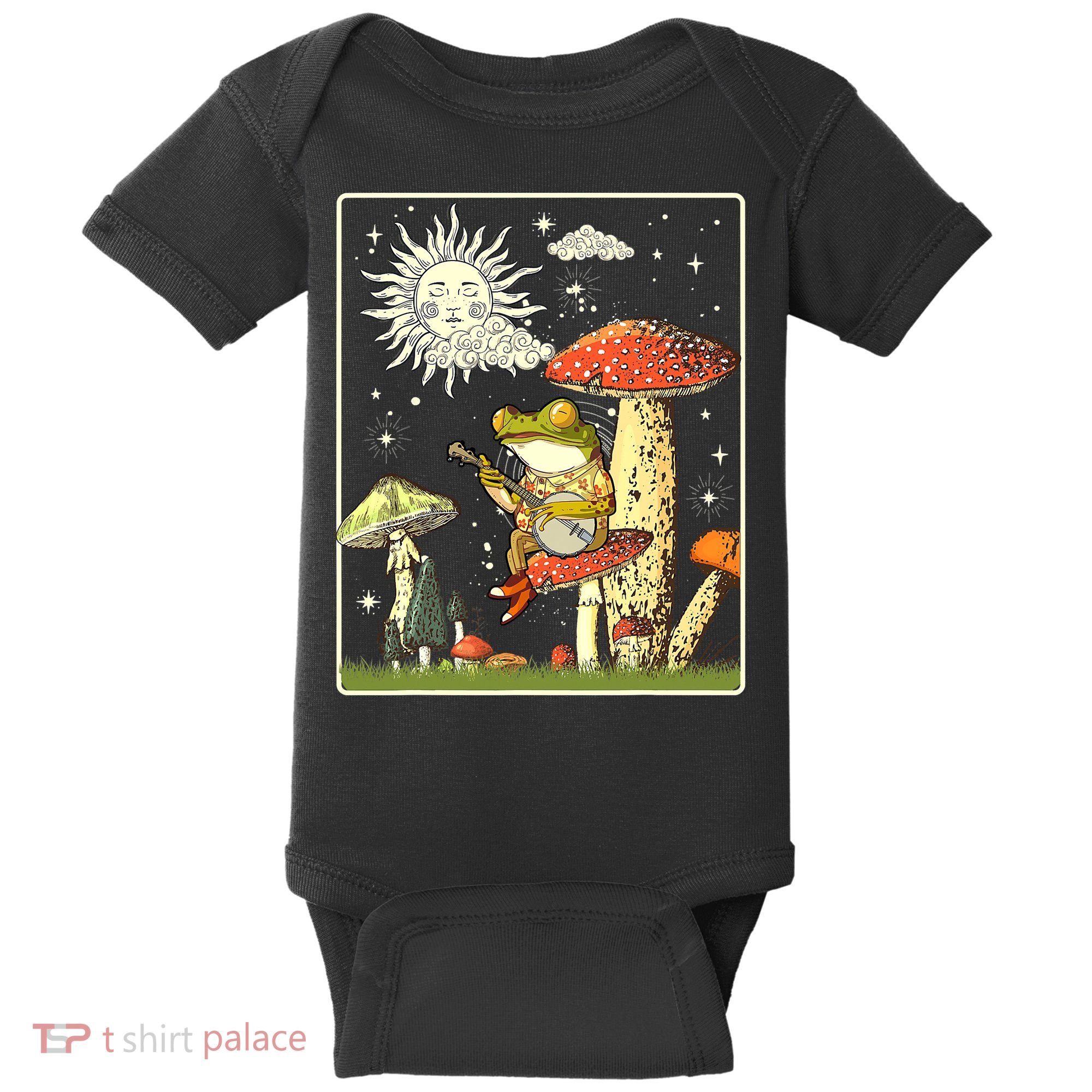 Funny Retro Frog Playing Banjo On Mushroom Baby Bodysuit