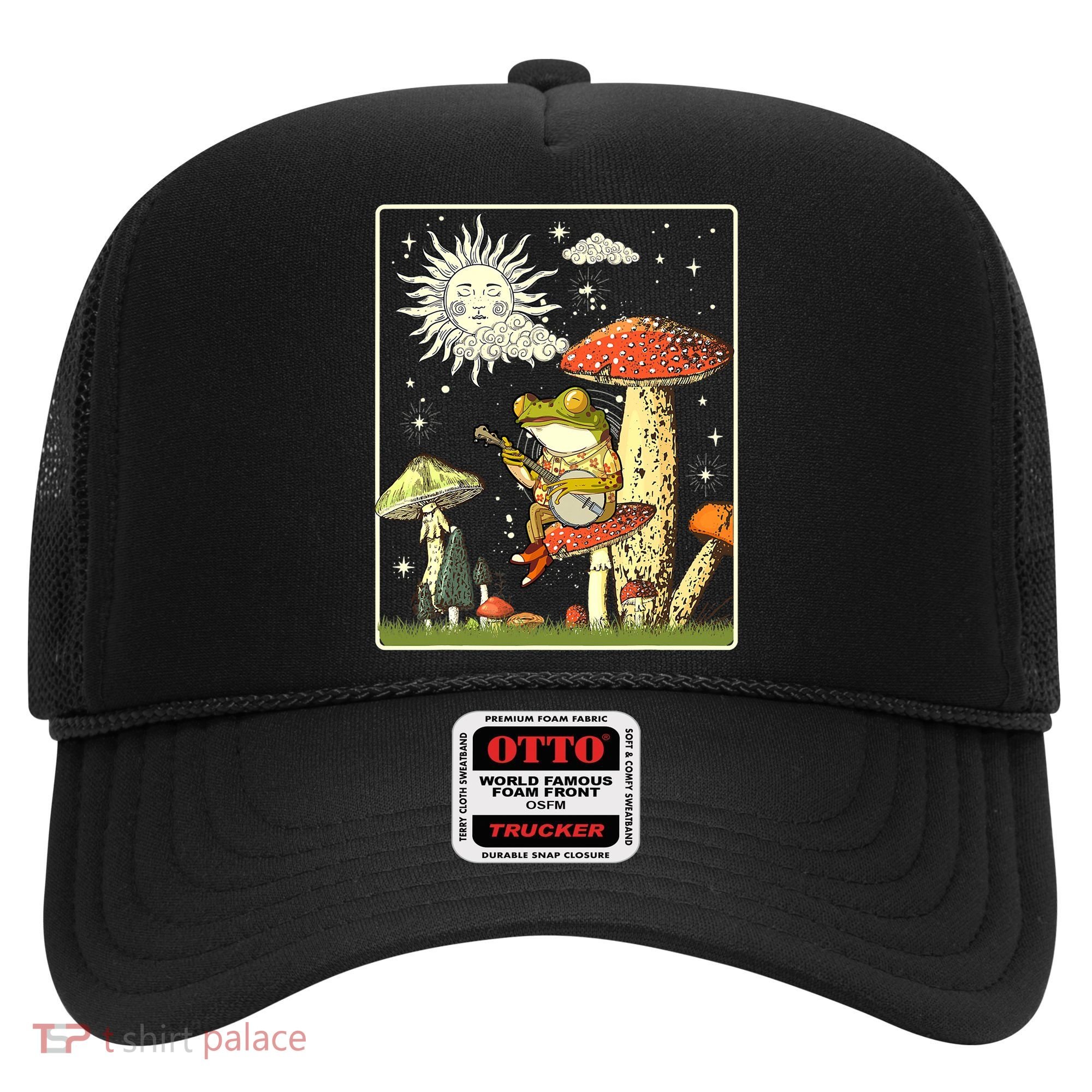 Funny Retro Frog Playing Banjo On Mushroom Hat