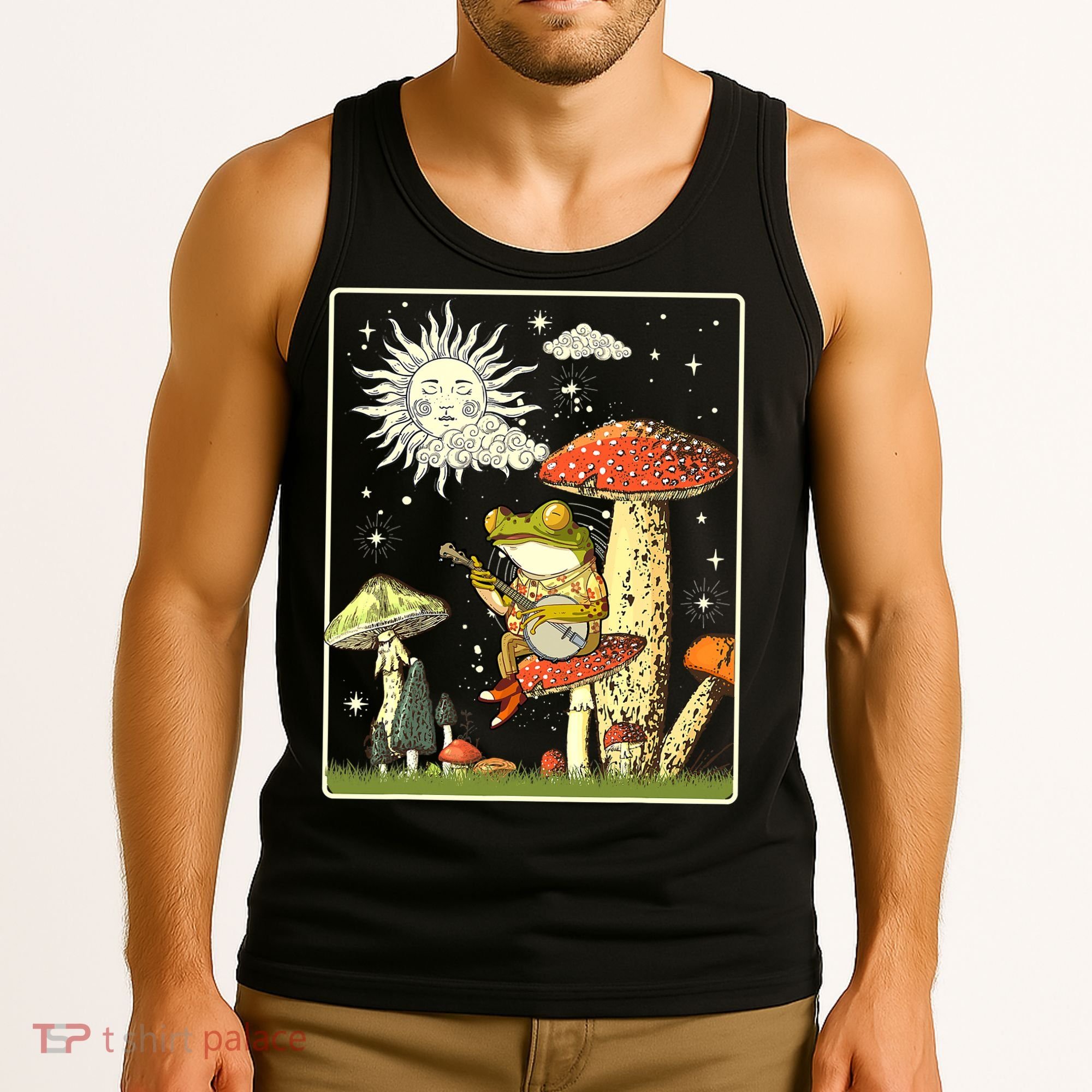 Funny Retro Frog Playing Banjo On Mushroom Tank Top