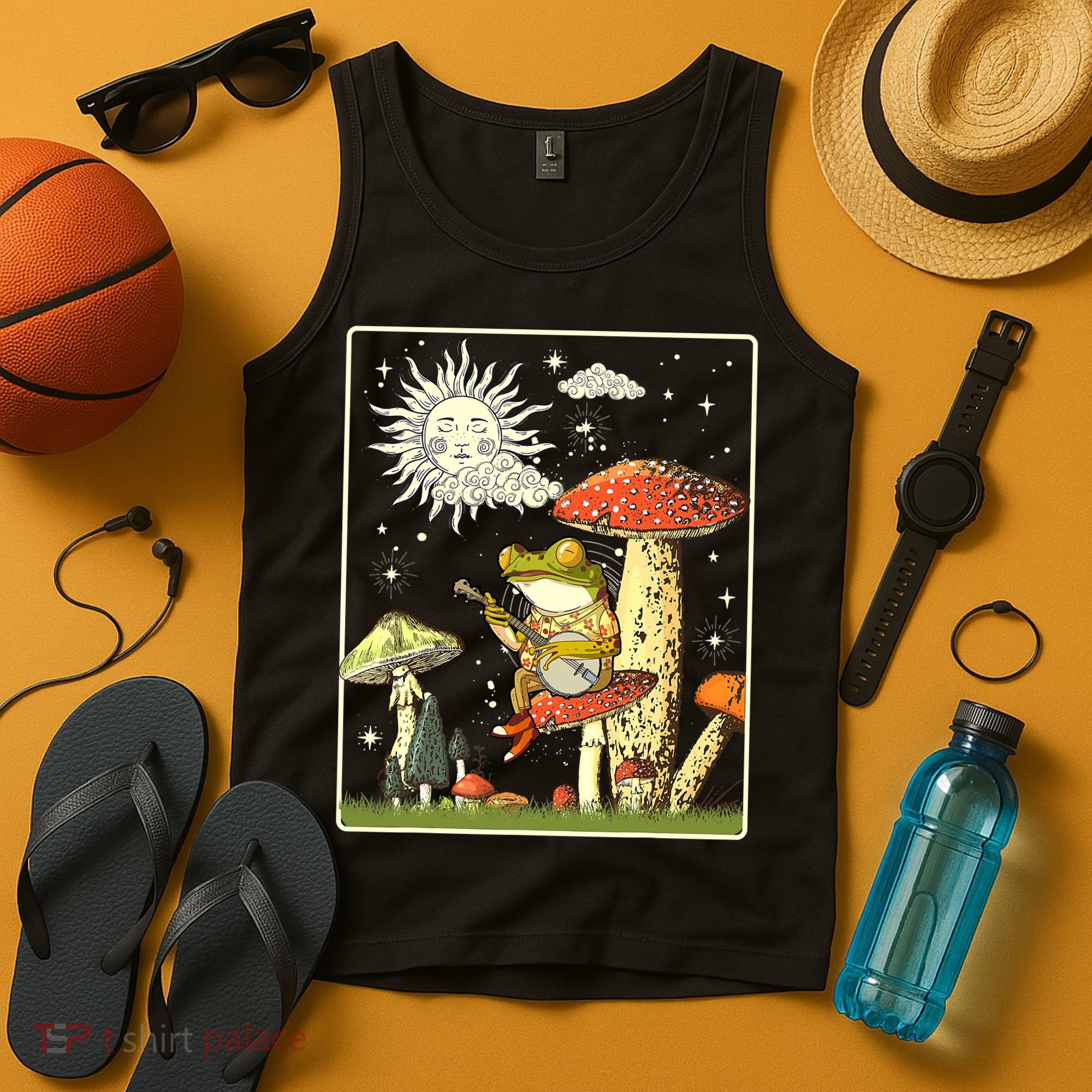 Funny Retro Frog Playing Banjo On Mushroom Tank Top