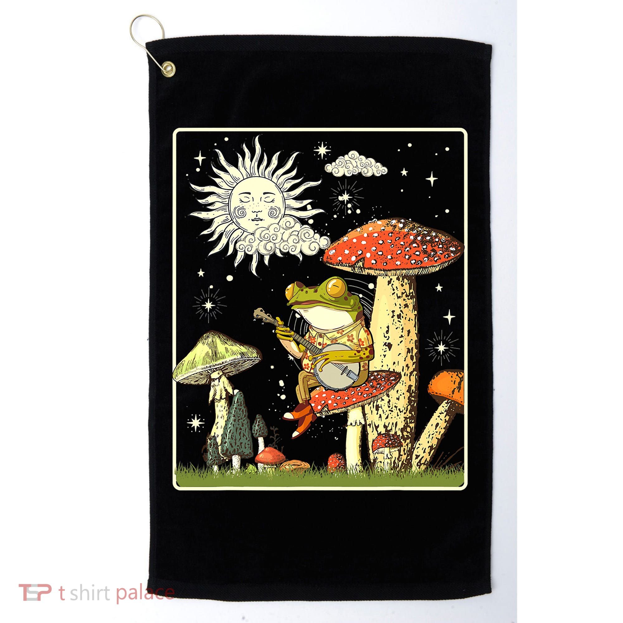 Funny Retro Frog Playing Banjo On Mushroom Golf Towel