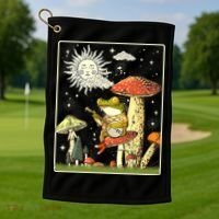 Funny Retro Frog Playing Banjo On Mushroom Golf Towel thumb 1