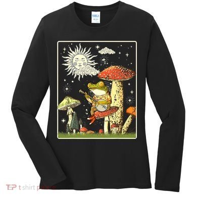 Funny Retro Frog Playing Banjo On Mushroom Women's Long Sleeve Shirt