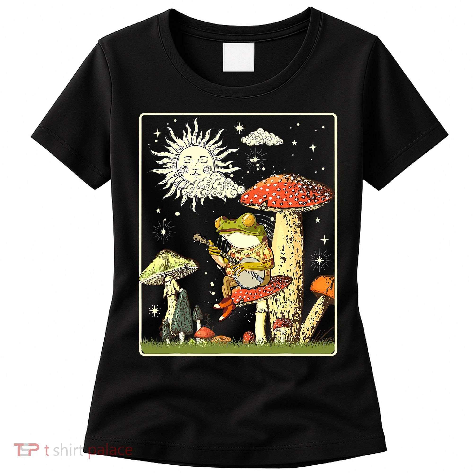Funny Retro Frog Playing Banjo On Mushroom Women's T-Shirt