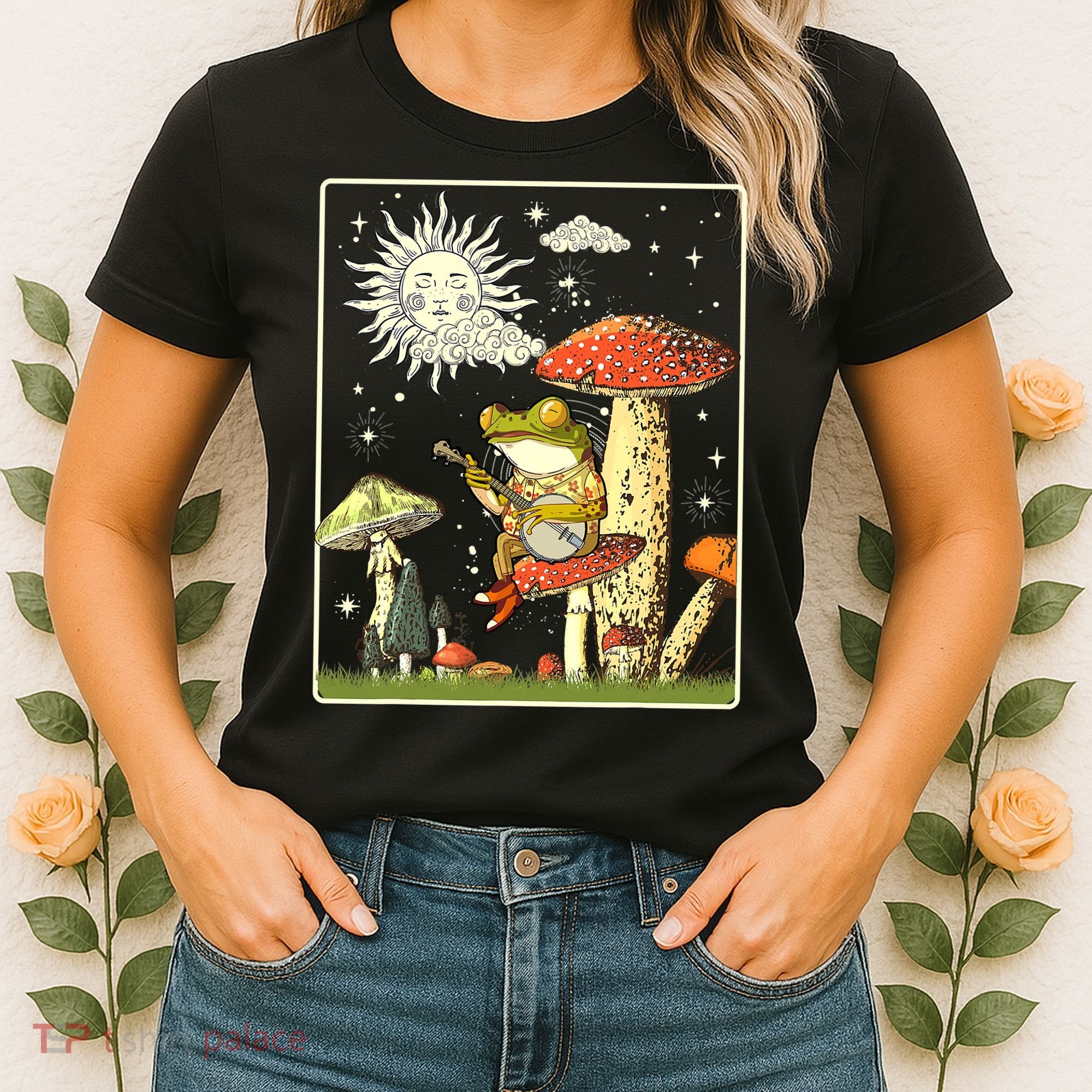 Funny Retro Frog Playing Banjo On Mushroom Women's T-Shirt