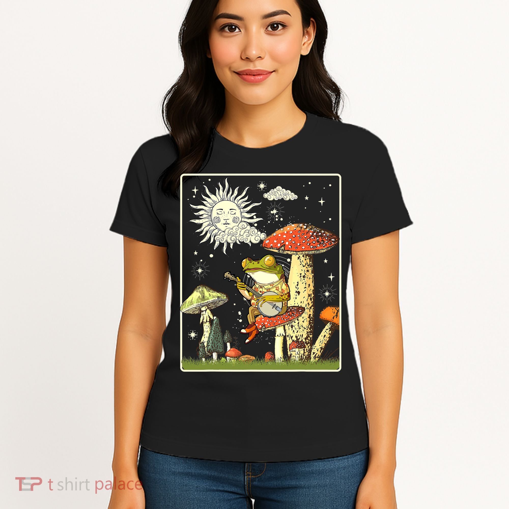 Funny Retro Frog Playing Banjo On Mushroom Women's T-Shirt