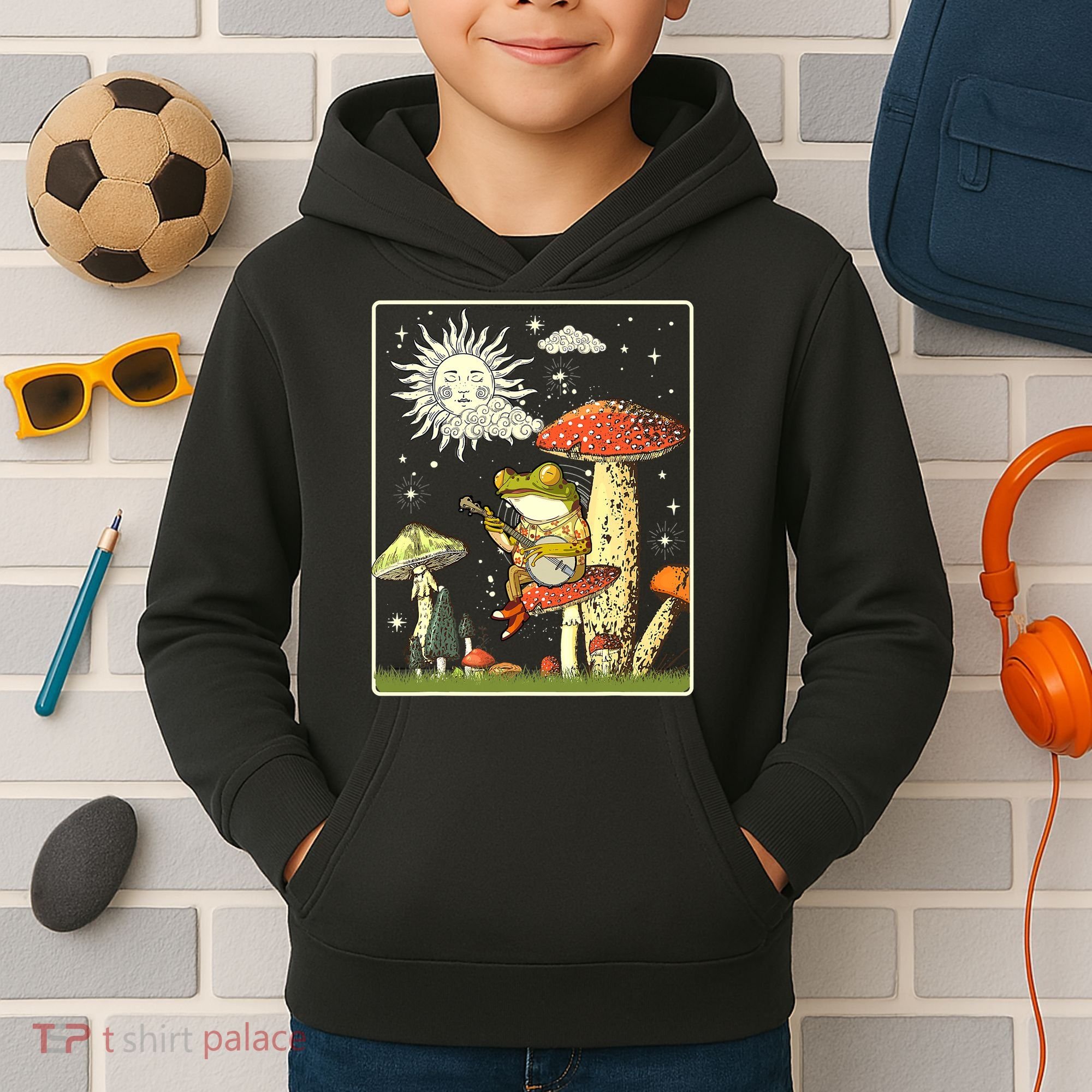 Funny Retro Frog Playing Banjo On Mushroom Kids Hoodie