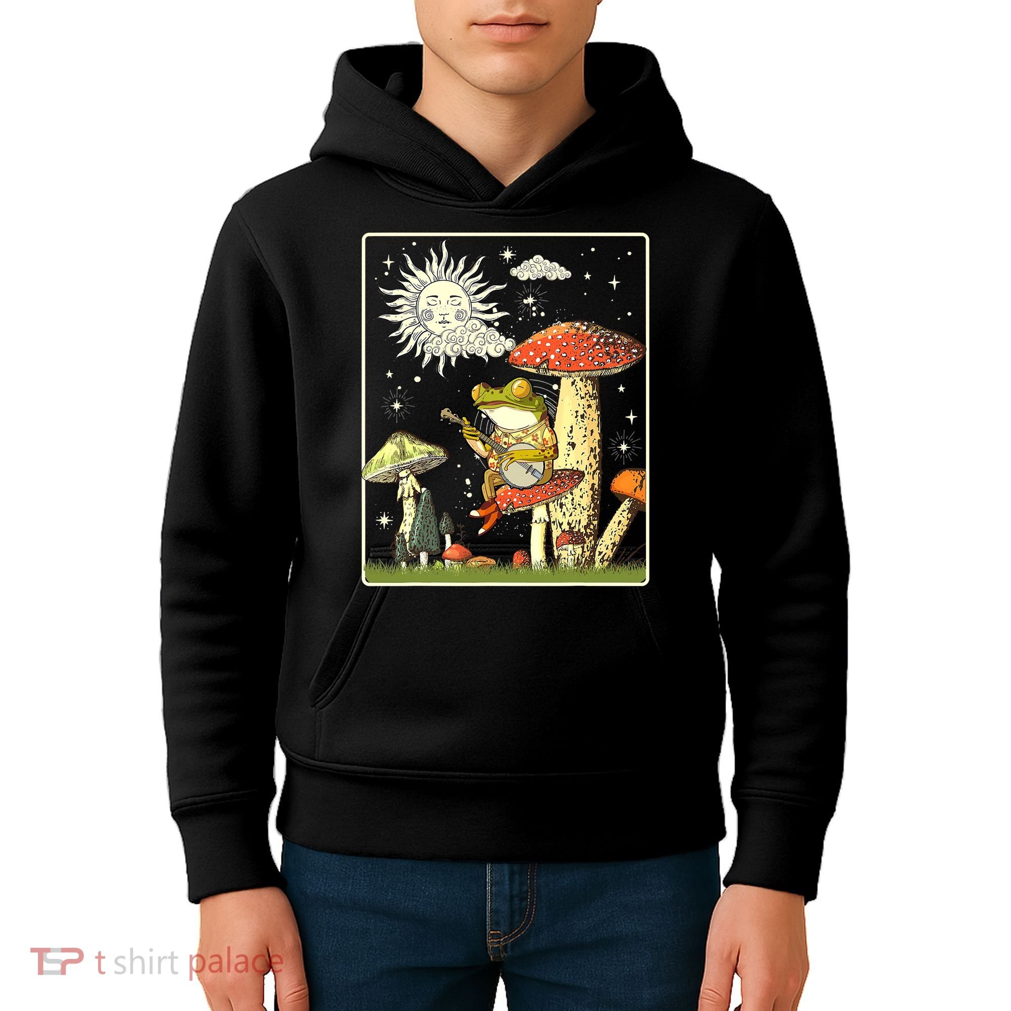 Funny Retro Frog Playing Banjo On Mushroom Kids Hoodie
