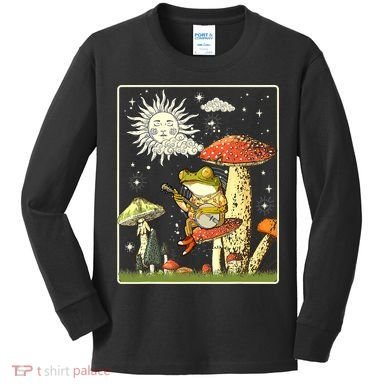 Funny Retro Frog Playing Banjo On Mushroom Kids Long Sleeve Shirt