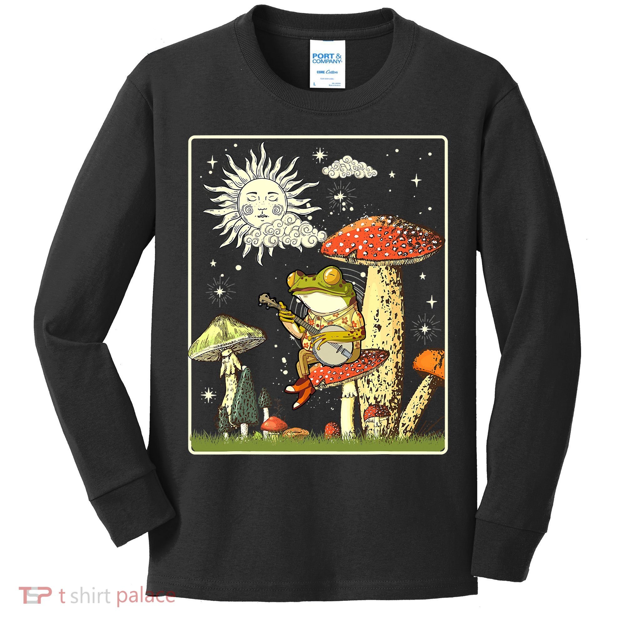 Funny Retro Frog Playing Banjo On Mushroom Kids Long Sleeve Shirt