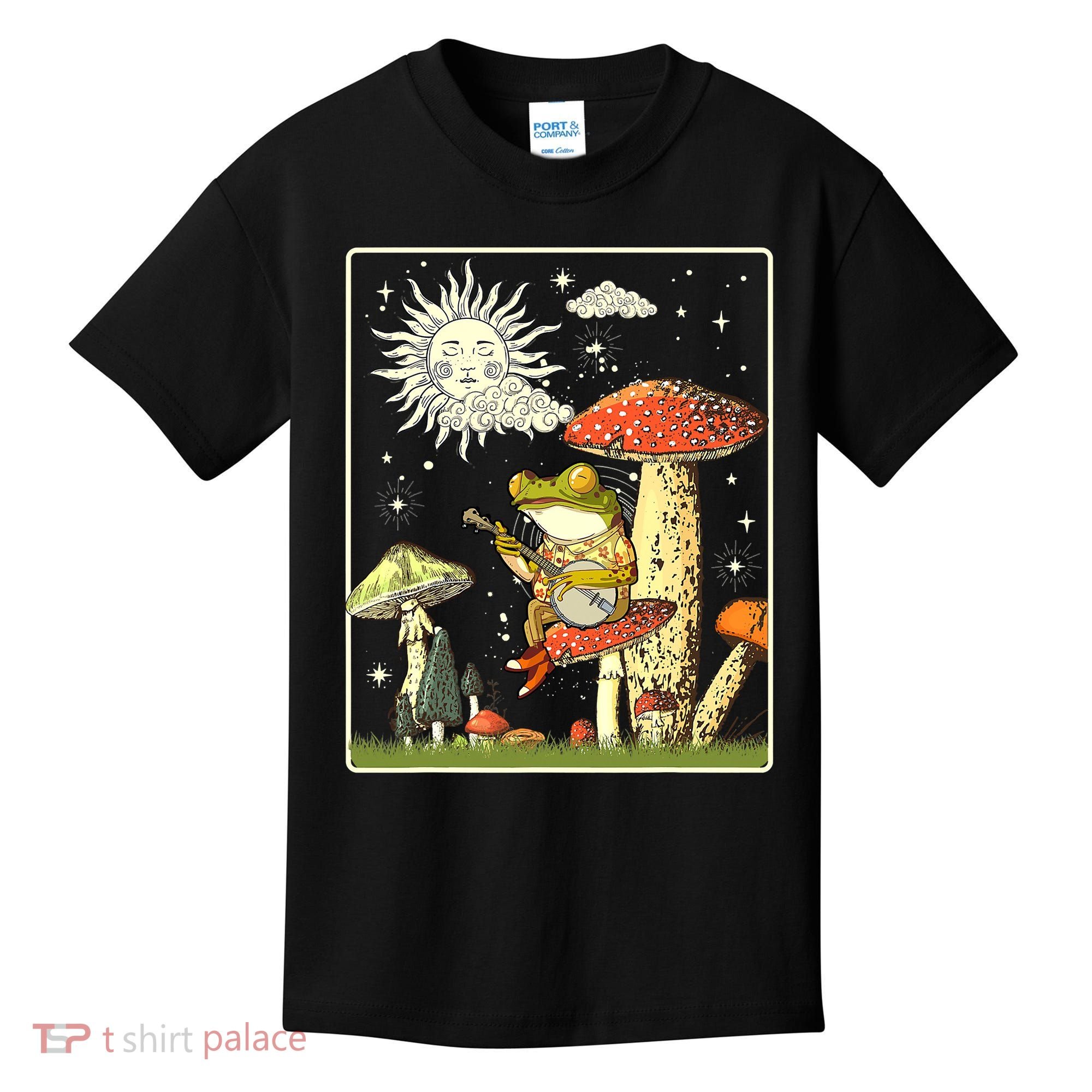 Funny Retro Frog Playing Banjo On Mushroom Kids T-Shirt