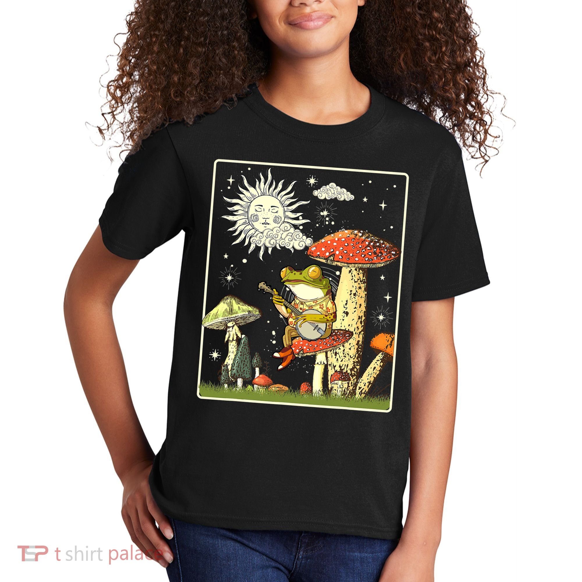 Funny Retro Frog Playing Banjo On Mushroom Kids T-Shirt
