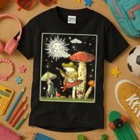 Funny Retro Frog Playing Banjo On Mushroom Kids T-Shirt thumb 3