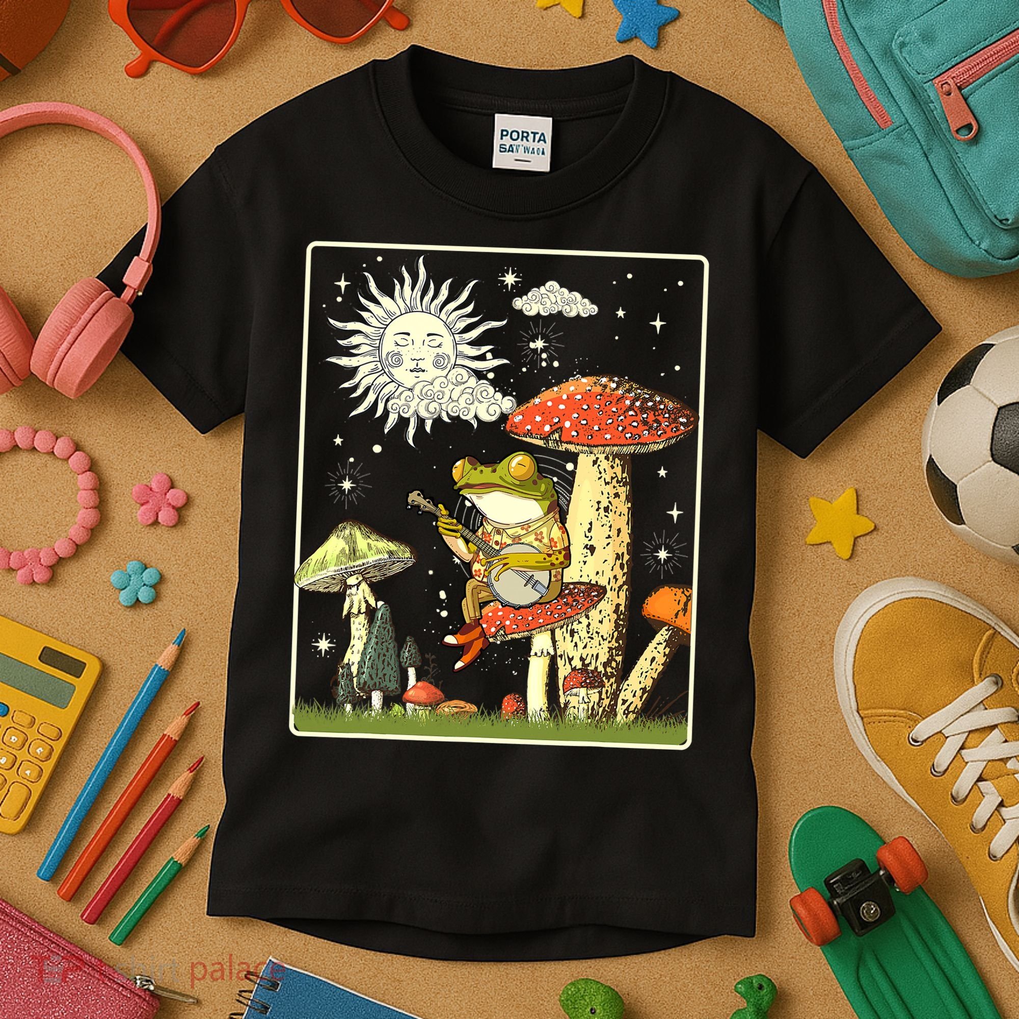 Funny Retro Frog Playing Banjo On Mushroom Kids T-Shirt