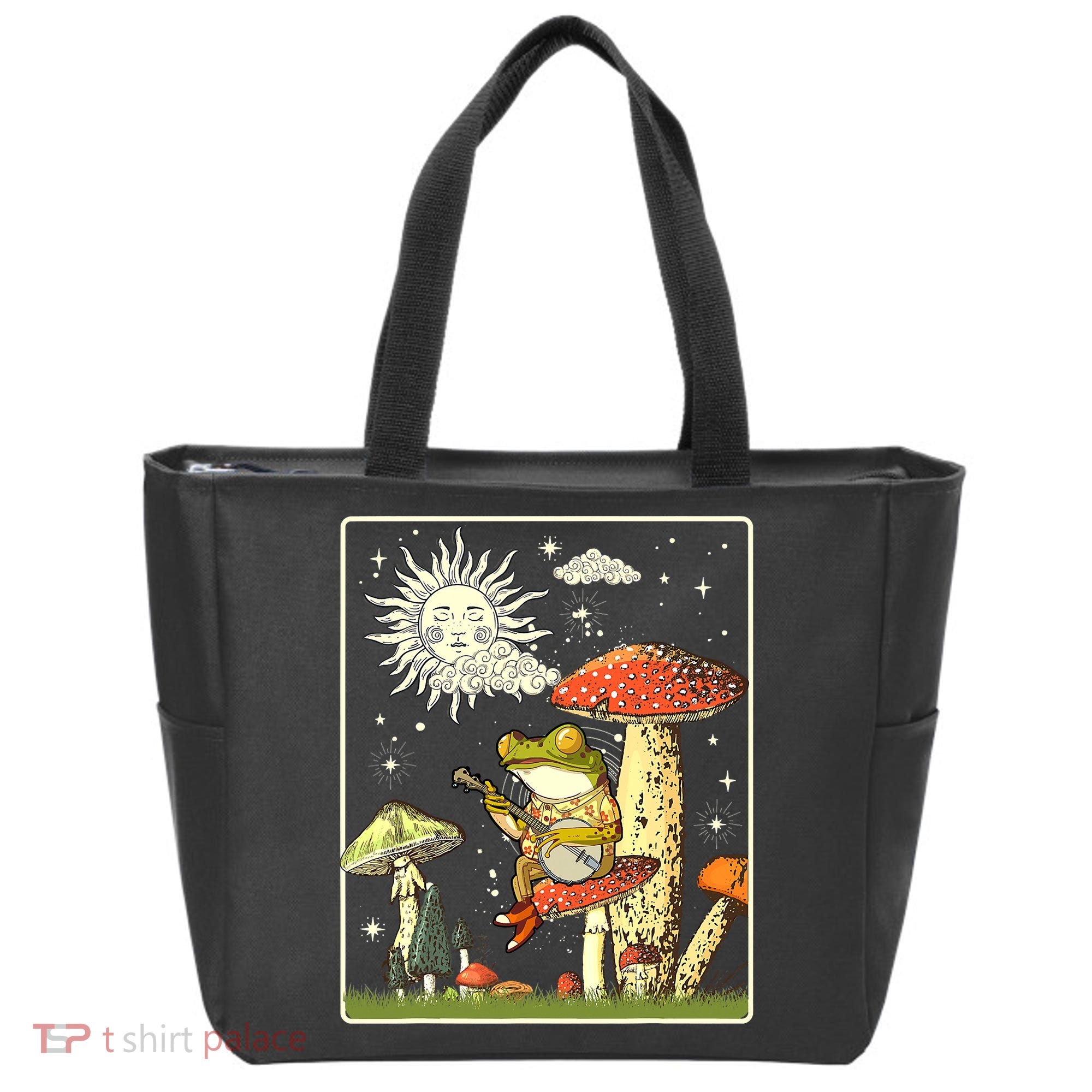 Funny Retro Frog Playing Banjo On Mushroom Tote Bag