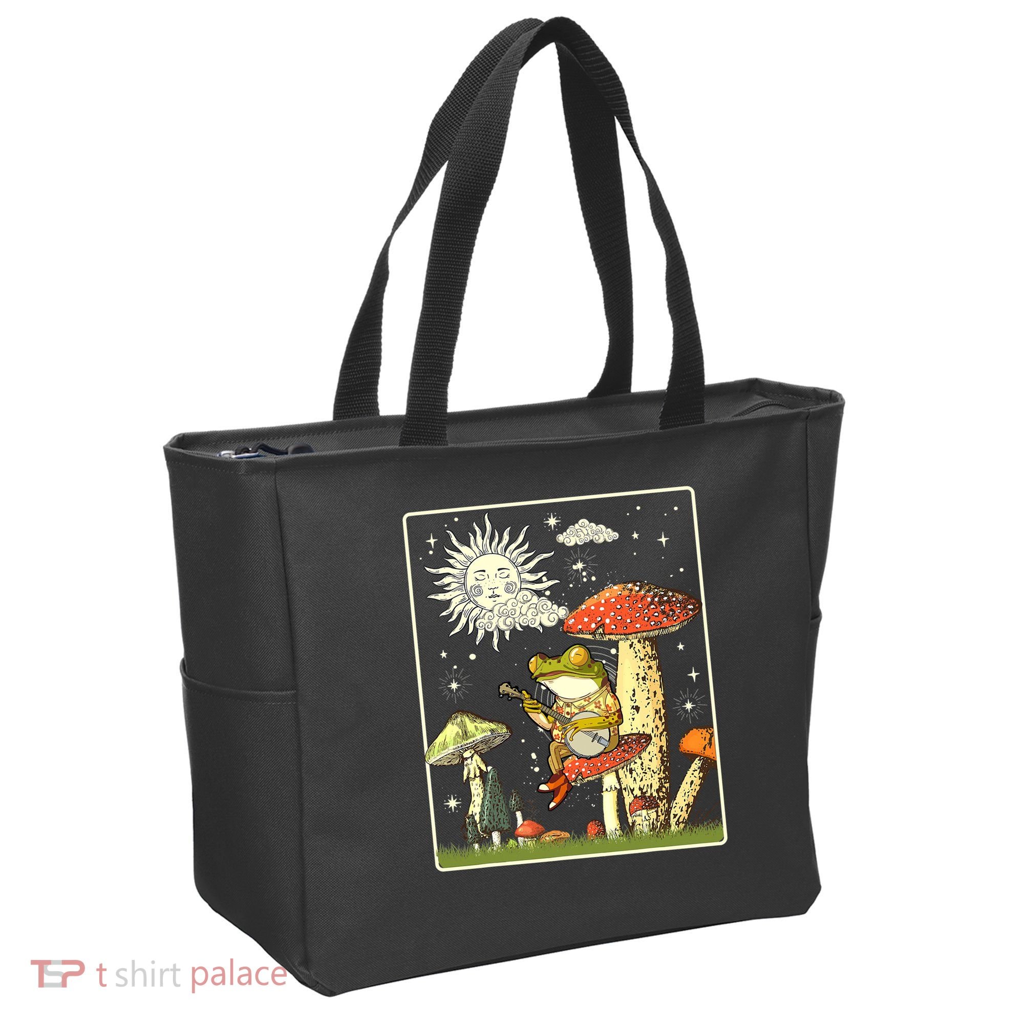 Funny Retro Frog Playing Banjo On Mushroom Tote Bag