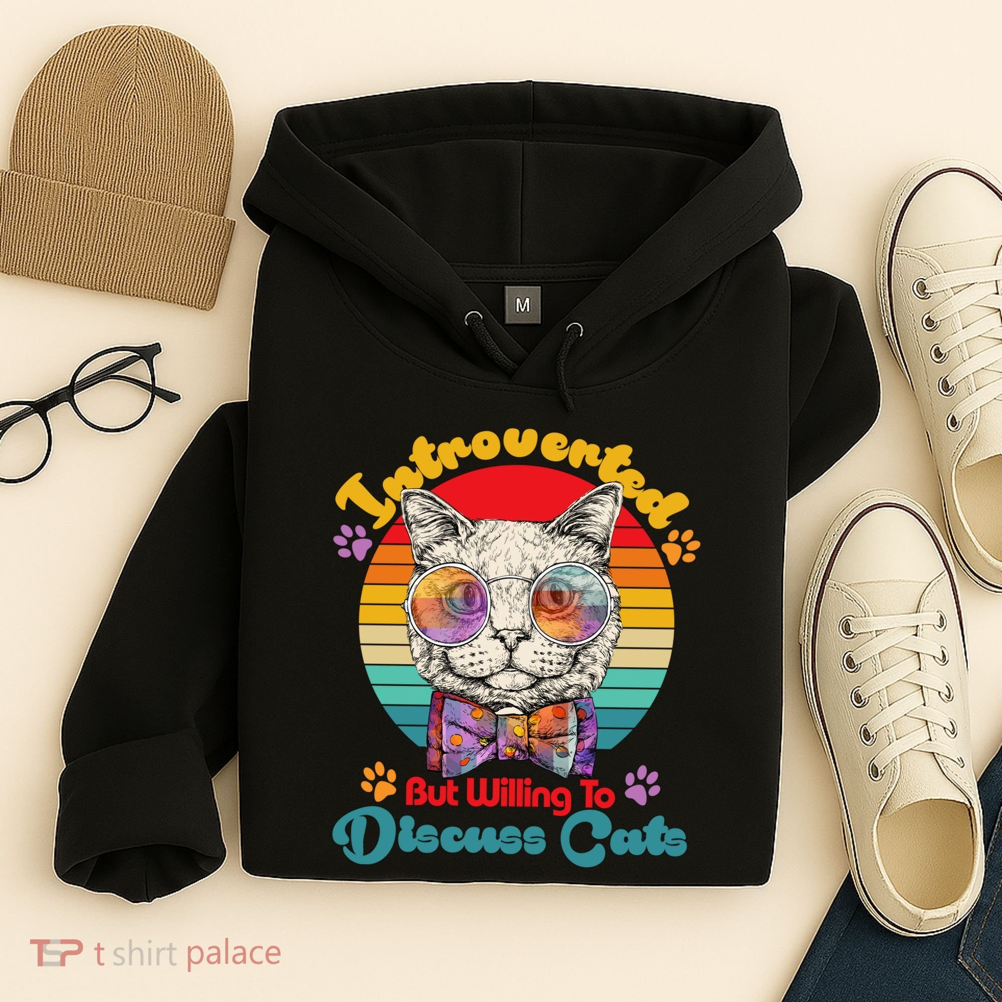 Funny Retro Hippy Hipster Glasses Cat Introverted But Willing To Discuss Cats Hoodie