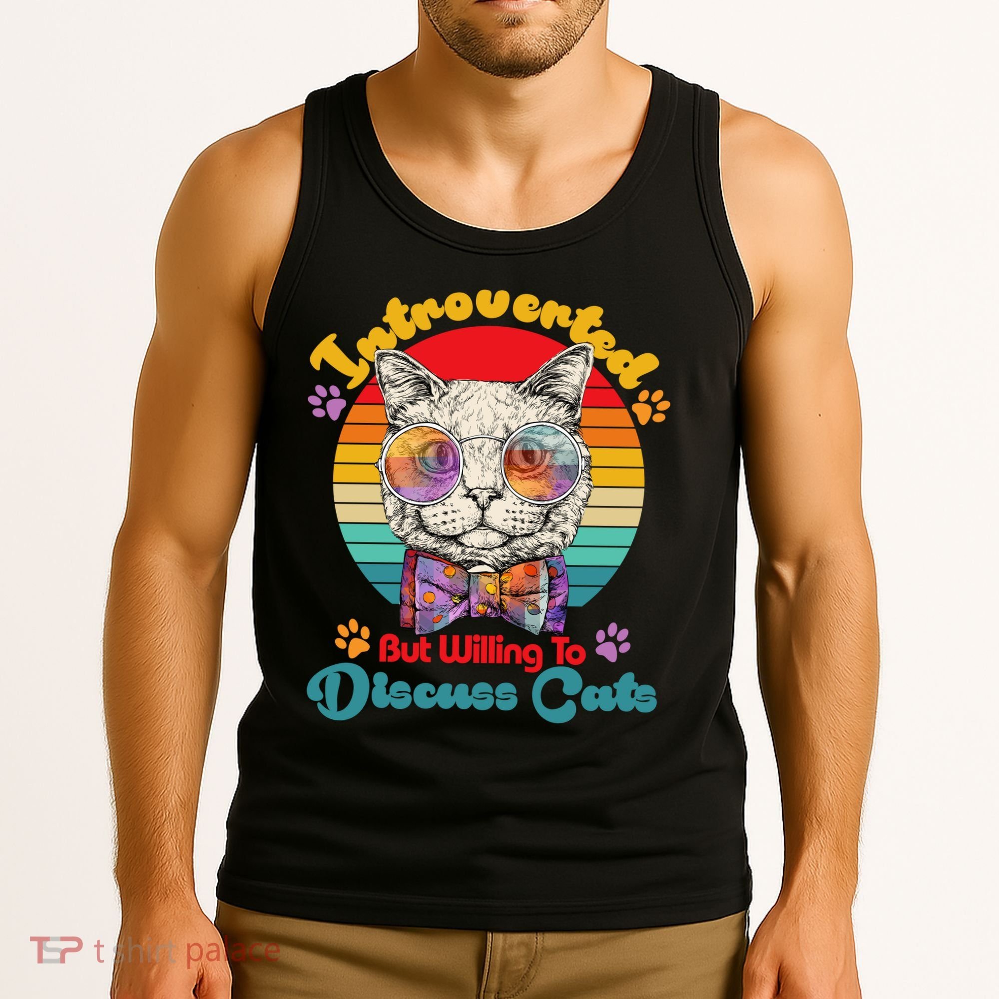 Funny Retro Hippy Hipster Glasses Cat Introverted But Willing To Discuss Cats Tank Top