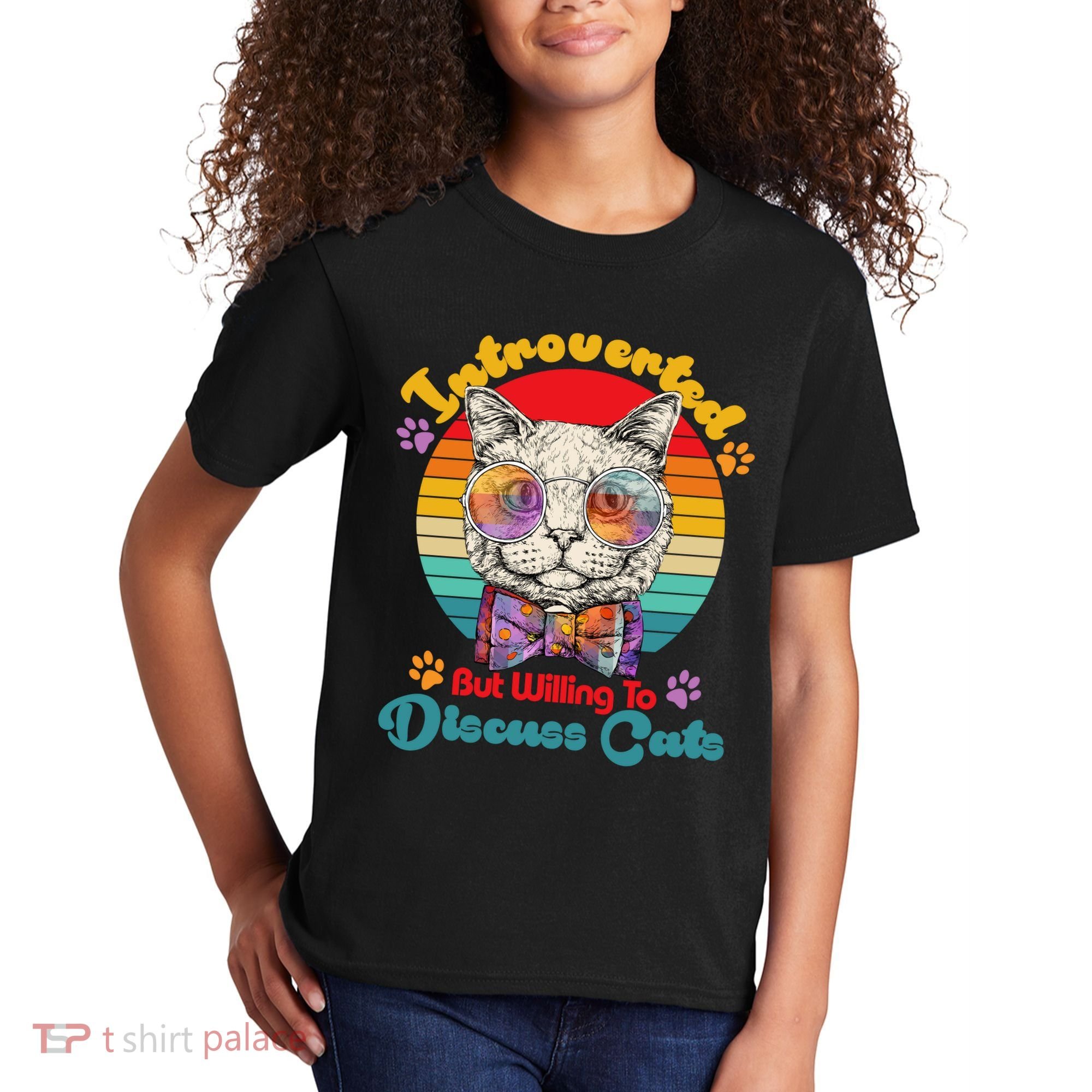 Funny Retro Hippy Hipster Glasses Cat Introverted But Willing To Discuss Cats Kids T-Shirt