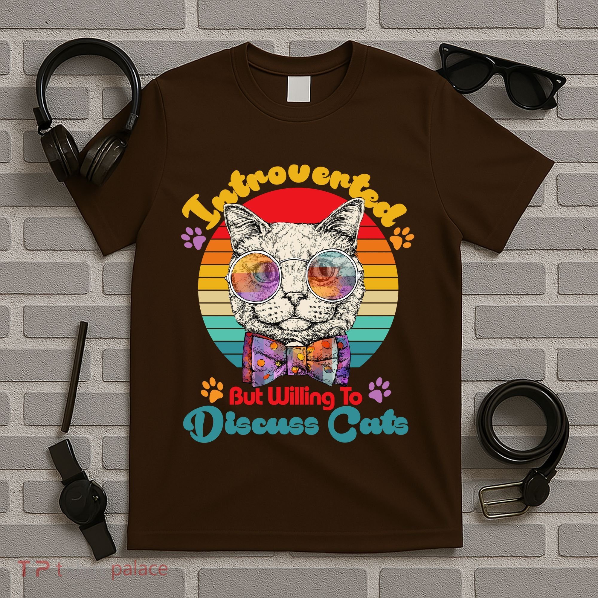 Funny Retro Hippy Hipster Glasses Cat Introverted But Willing To Discuss Cats T-Shirt