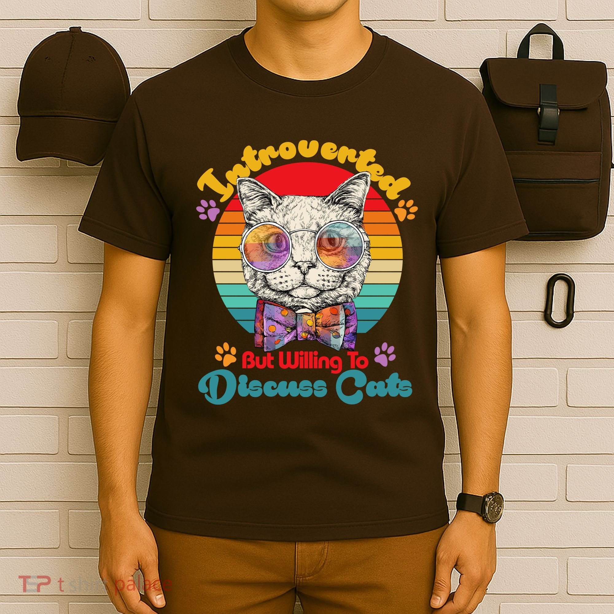 Funny Retro Hippy Hipster Glasses Cat Introverted But Willing To Discuss Cats T-Shirt