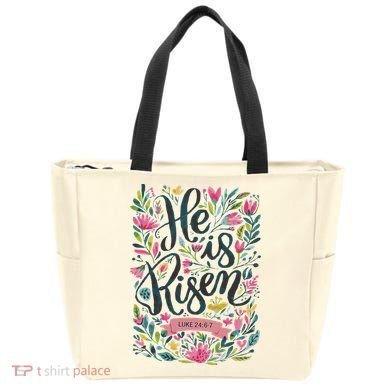 Floral Religious He Is Risen Christian Happy Easter Tote Bag