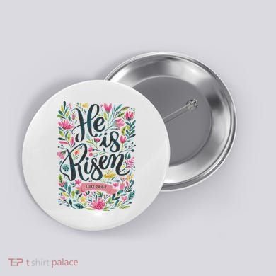 Floral Religious He Is Risen Christian Happy Easter Button