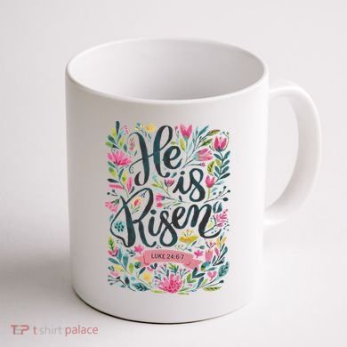 Floral Religious He Is Risen Christian Happy Easter Coffee Mug back