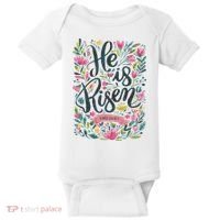 Floral Religious He Is Risen Christian Happy Easter Baby Bodysuit thumb 0