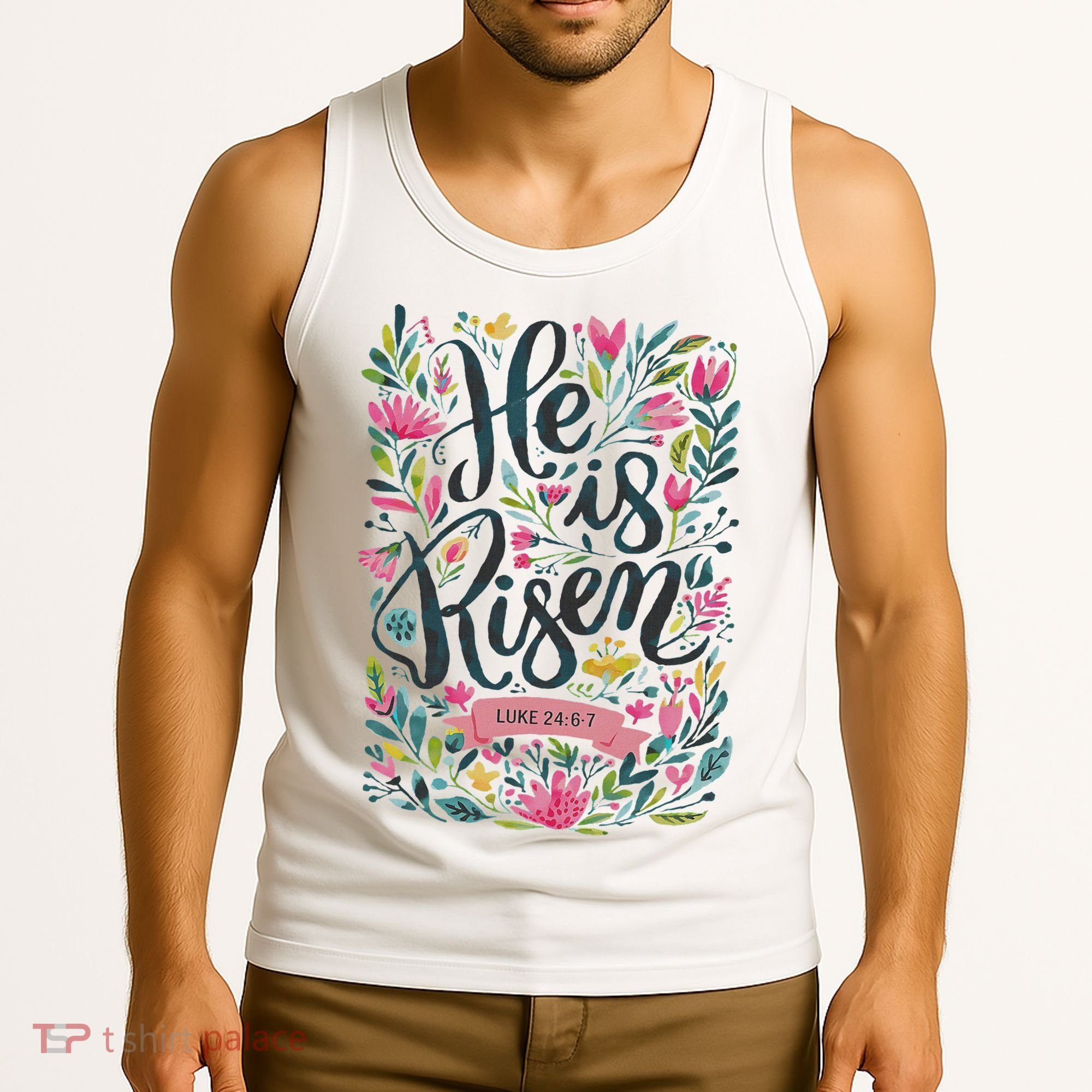 Floral Religious He Is Risen Christian Happy Easter Tank Top