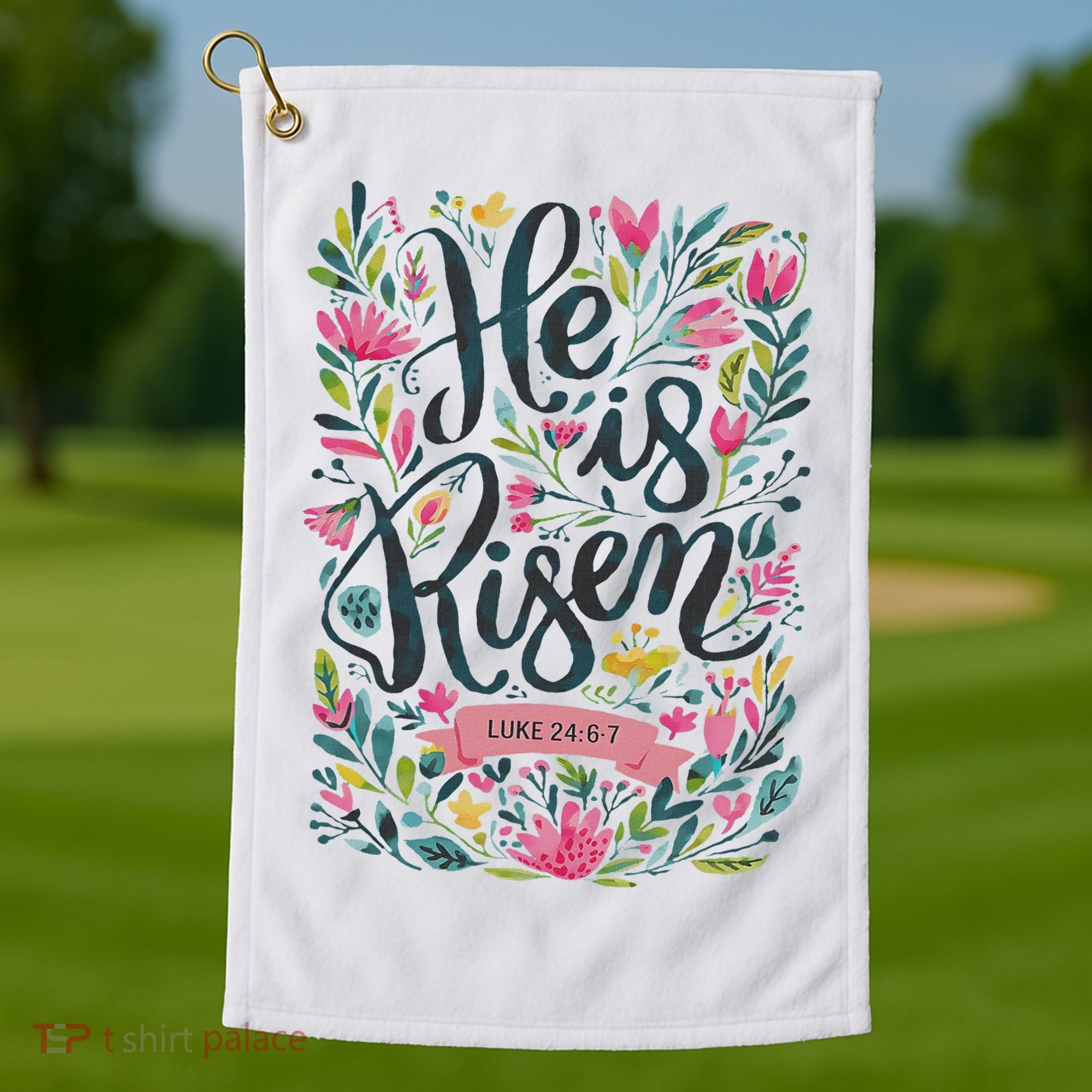 Floral Religious He Is Risen Christian Happy Easter Golf Towel