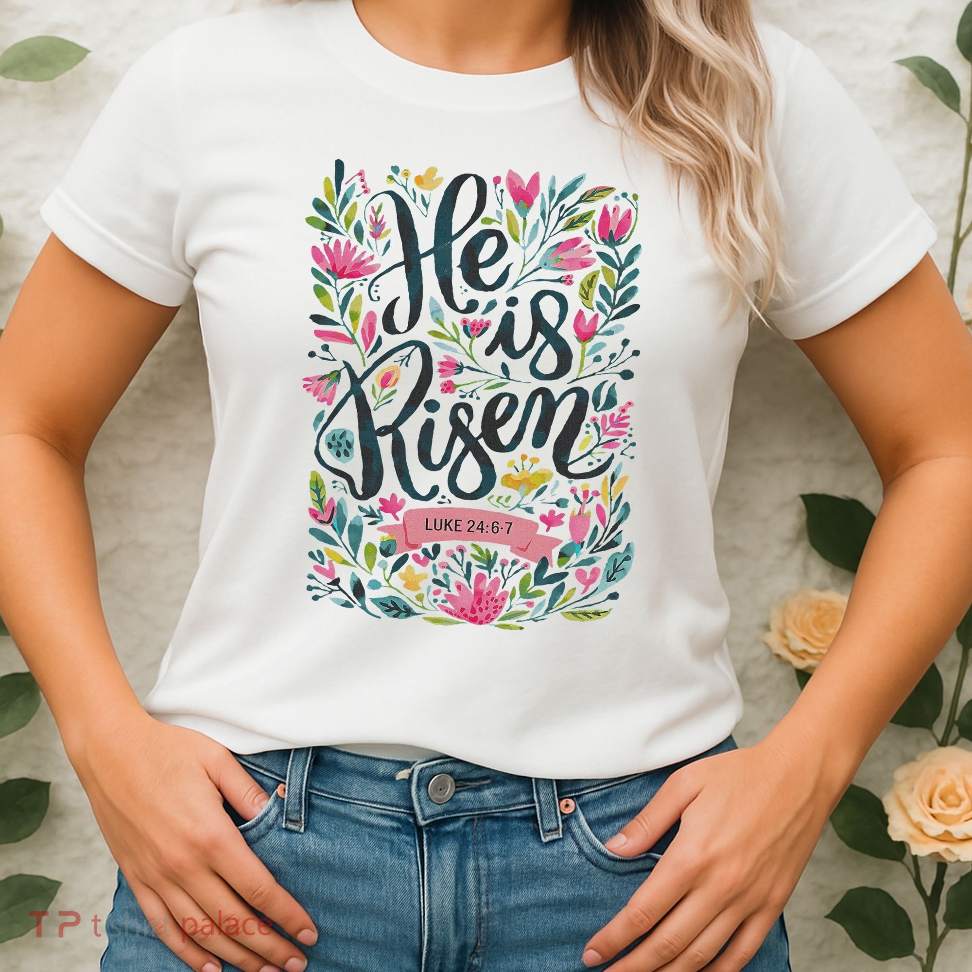 Floral Religious He Is Risen Christian Happy Easter Women's T-Shirt