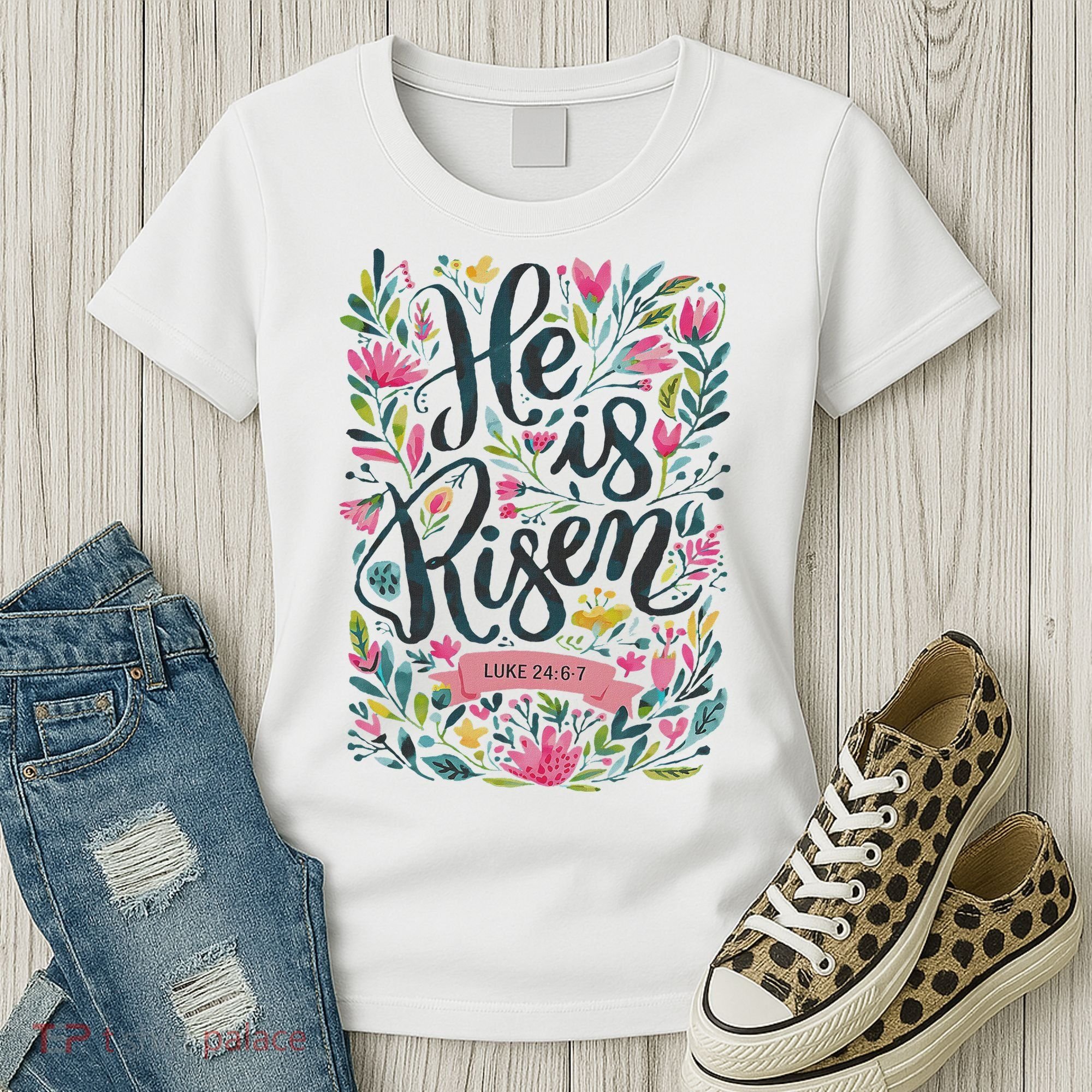 Floral Religious He Is Risen Christian Happy Easter Women's T-Shirt